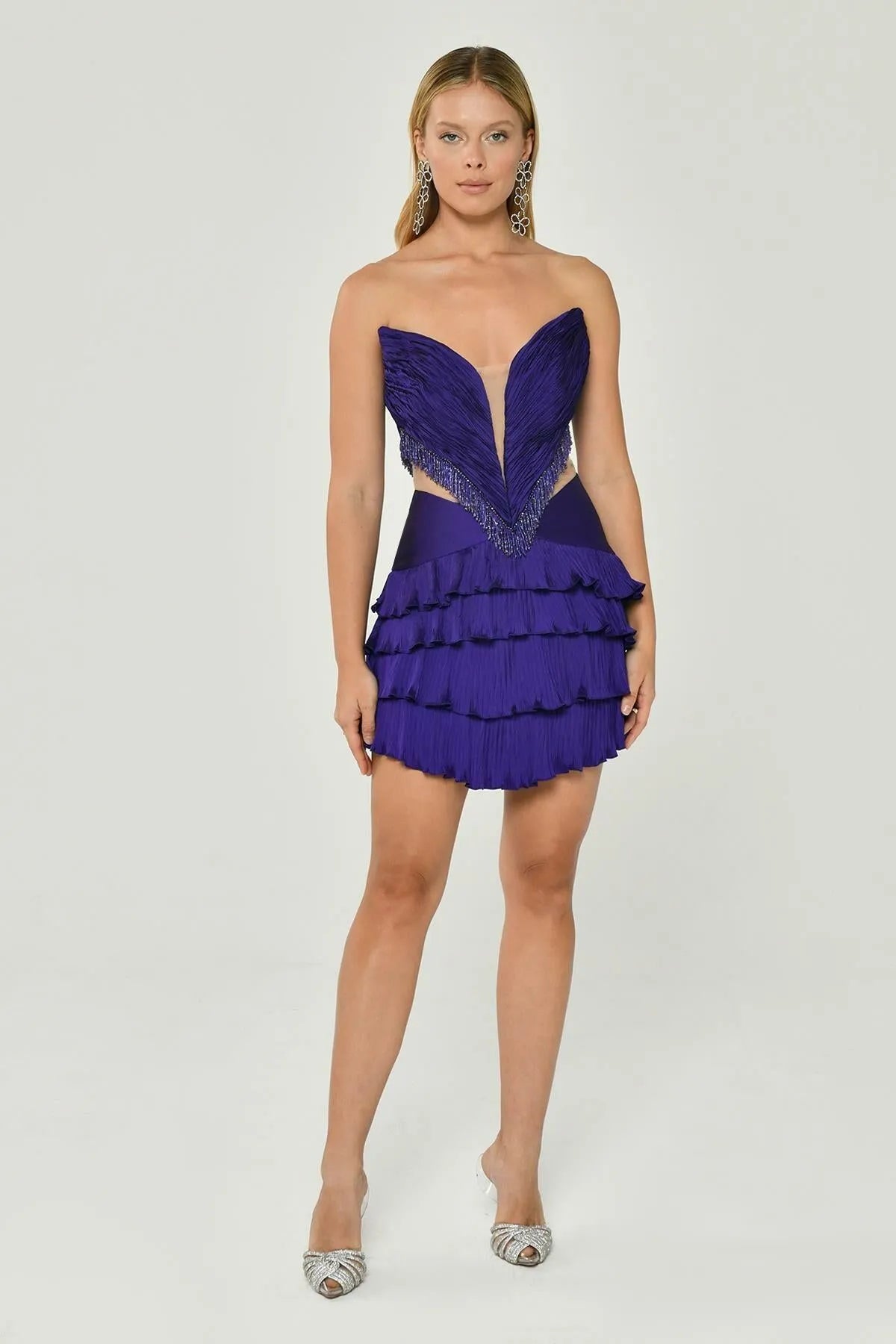 Strapless Pleated Layered Mini Evening Dress