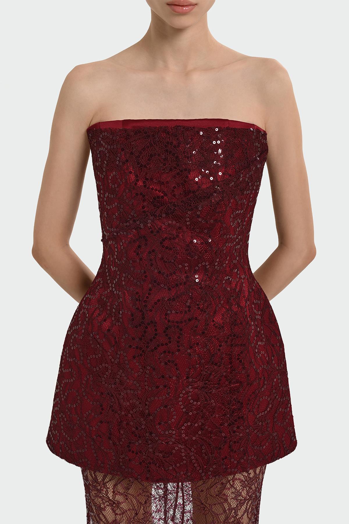 Straplez Taş Payet İşlemeli Abiye Elbise