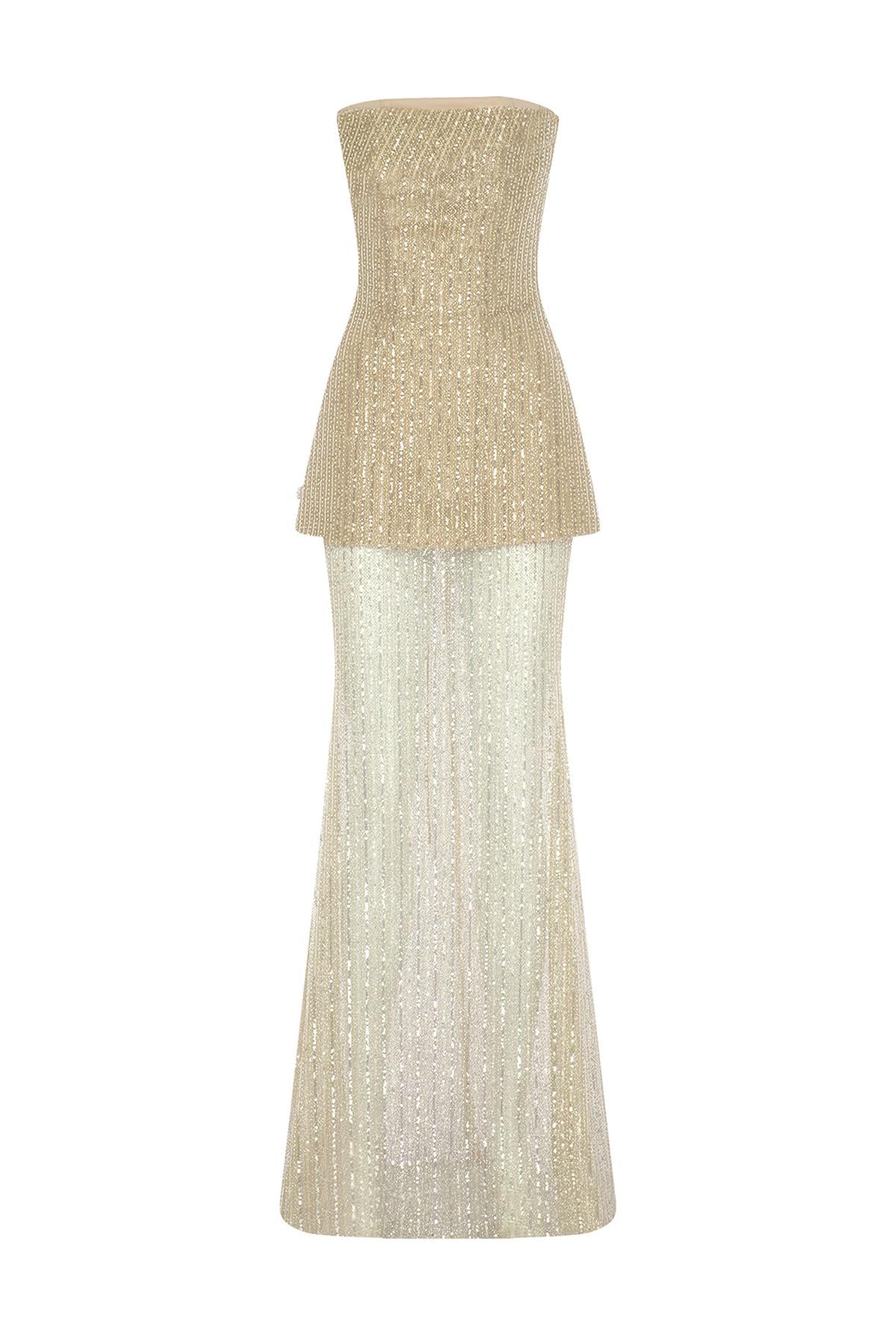 Strapless Stone Sequin Embroidered Suit Evening Dress