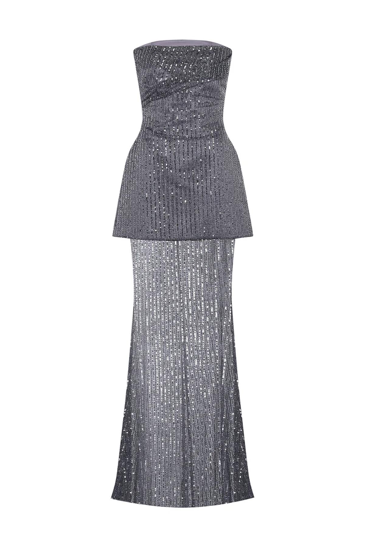 Strapless Stone Sequin Embroidered Suit Evening Dress