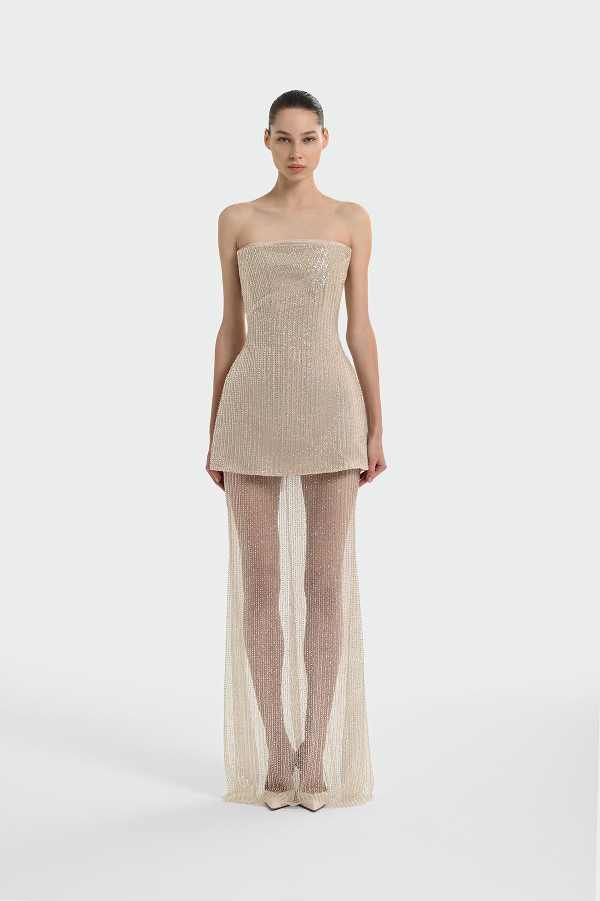 Straplez Taş Payet İşlemeli Takım Abiye Elbise