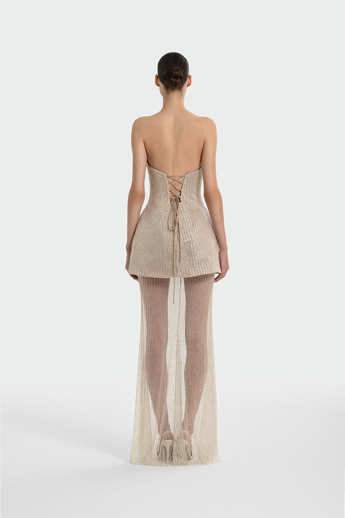 Straplez Taş Payet İşlemeli Takım Abiye Elbise