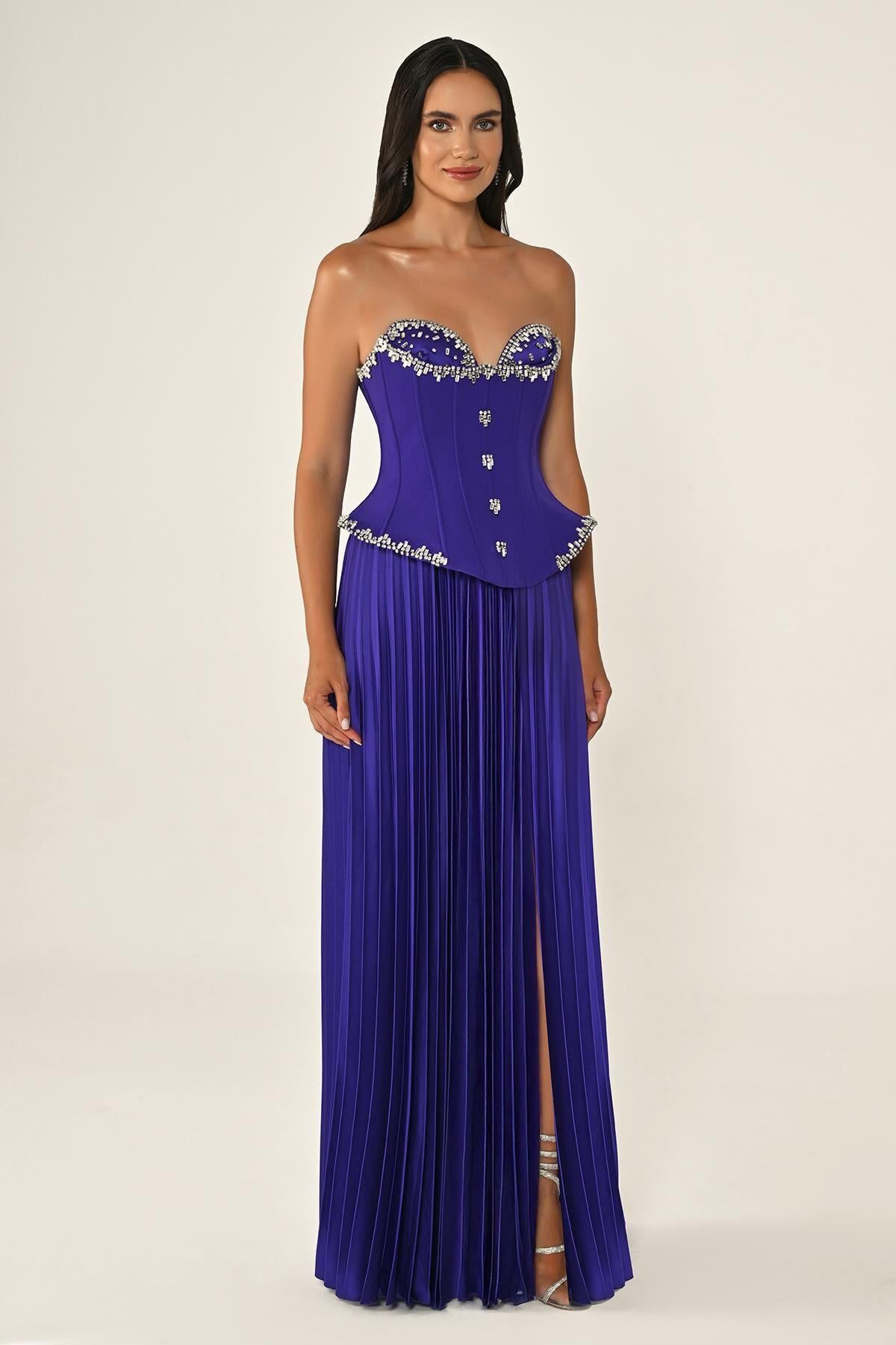 Strapless Stoned Top Crepe Skirt Satin Pleated Long Evening Dress