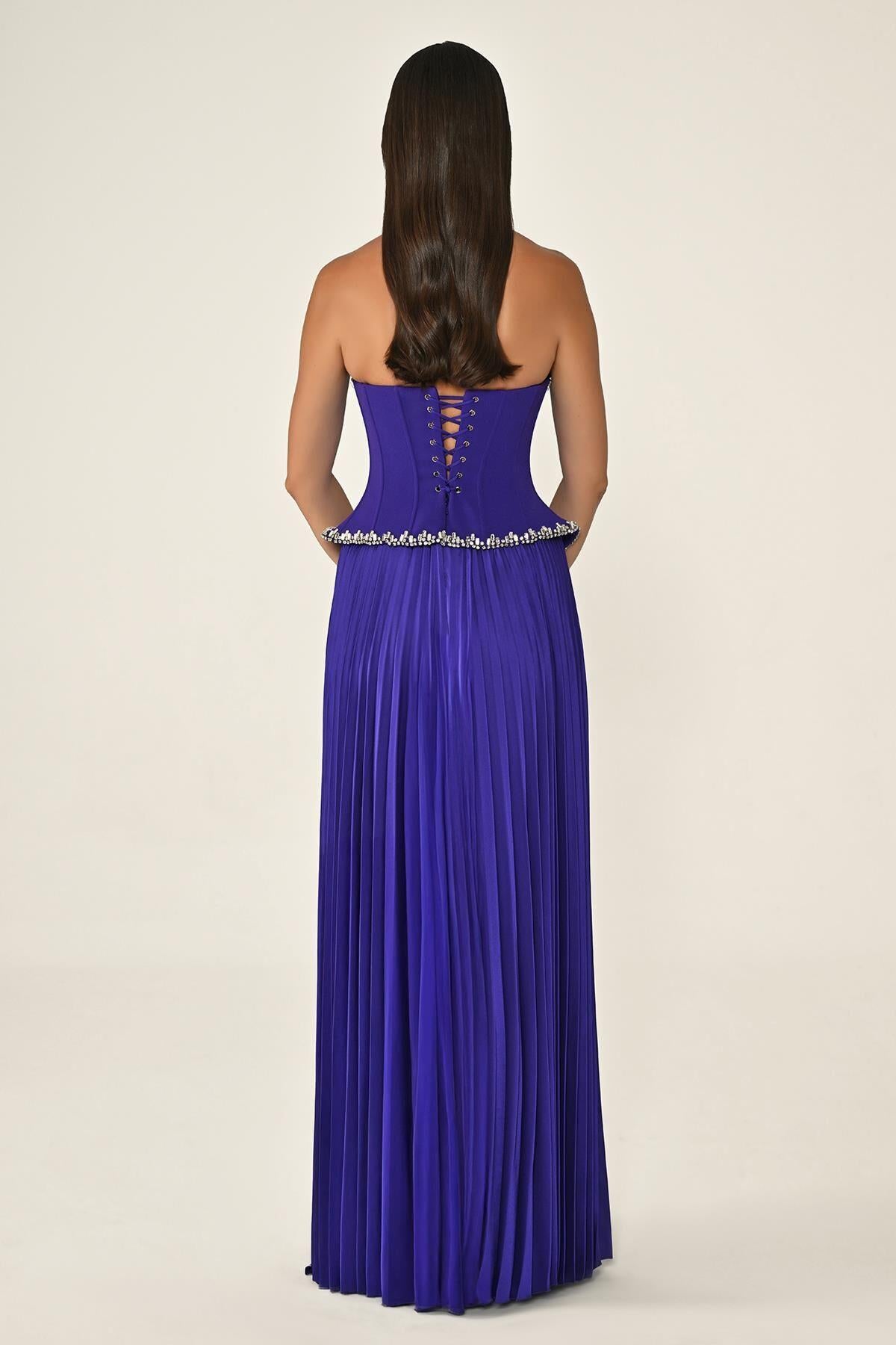 Strapless Stoned Top Crepe Skirt Satin Pleated Long Evening Dress