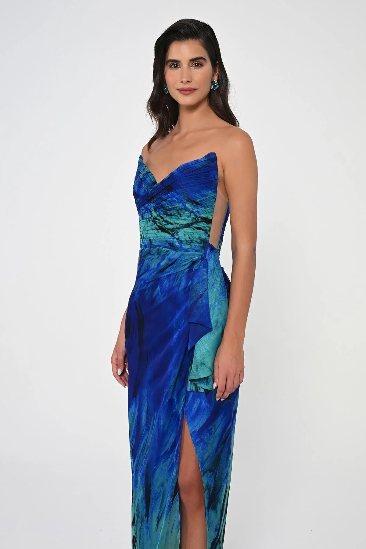 Straplez ve Desenli Uzun Elbise - Eser Giyim