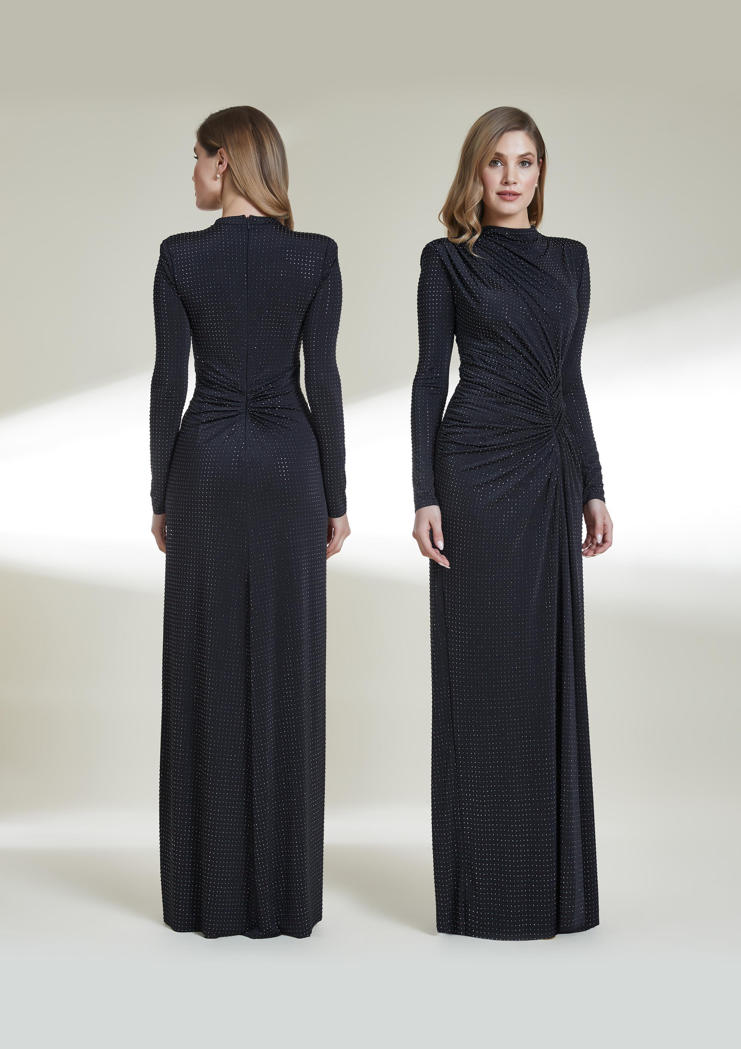 Stras Taşlı Uzun Kollu Büzgülü Uzun Abiye Elbise - Eser Giyim