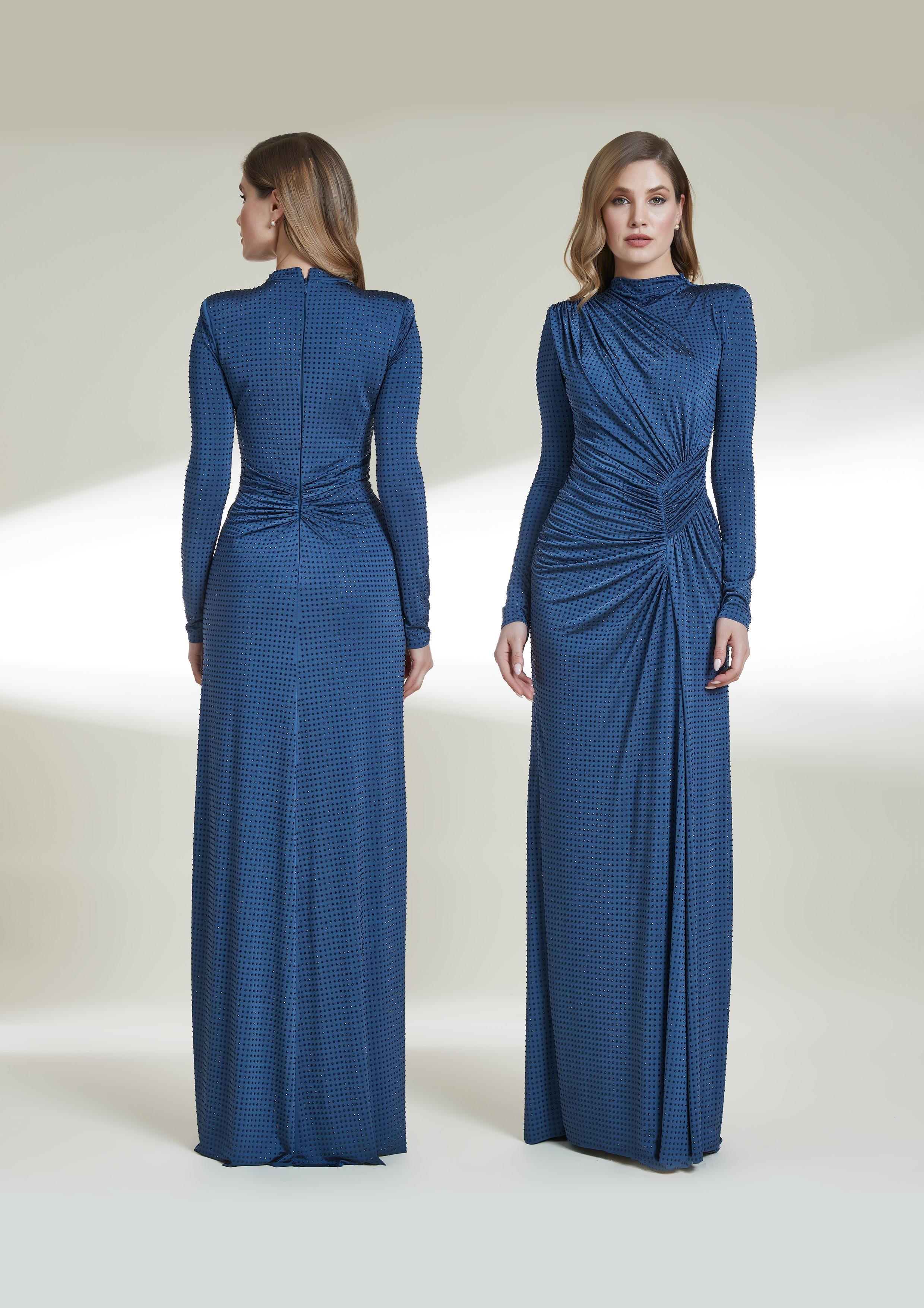 Stras Taşlı Uzun Kollu Büzgülü Uzun Abiye Elbise - Eser Giyim