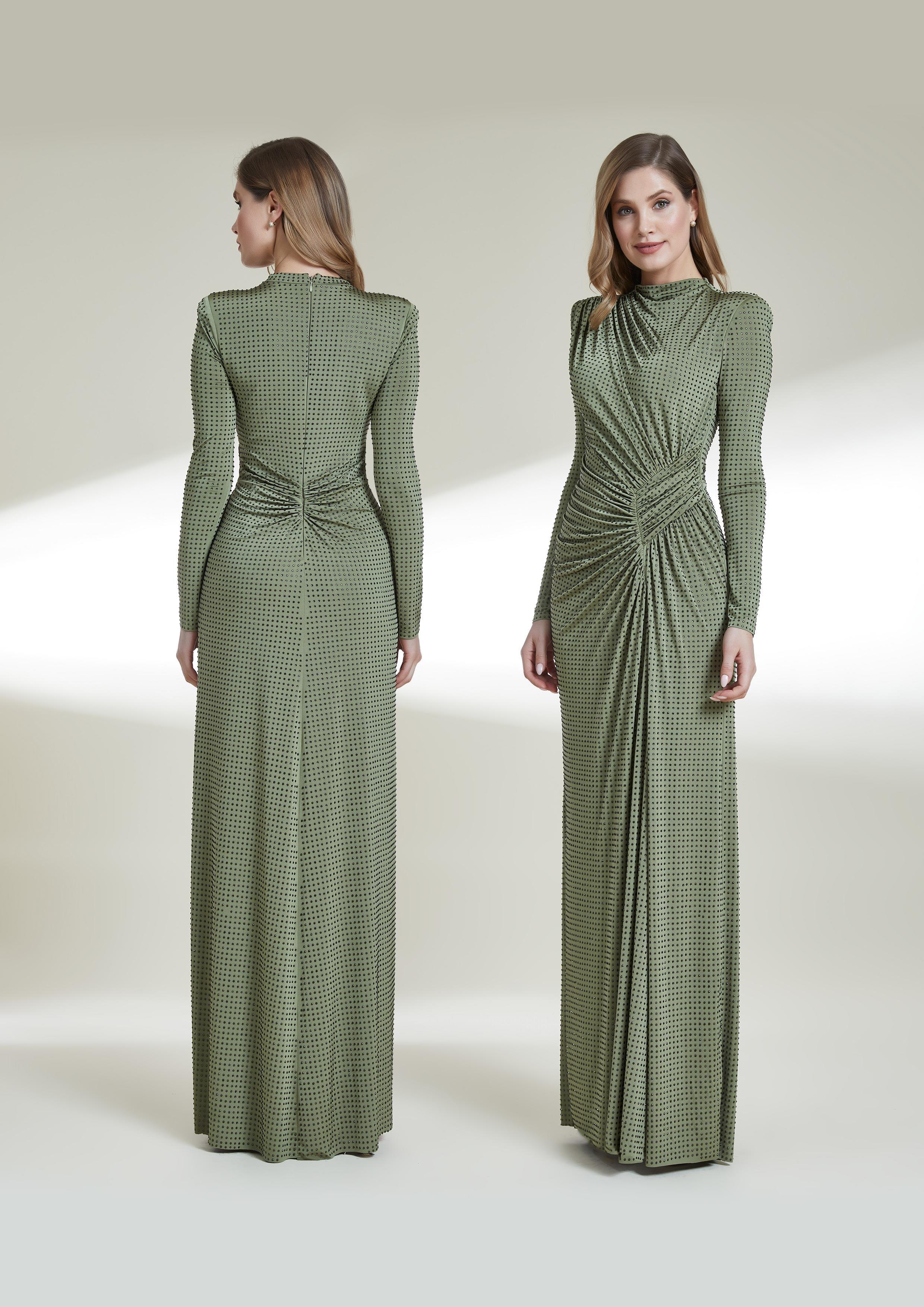 Stras Taşlı Uzun Kollu Büzgülü Uzun Abiye Elbise - Eser Giyim