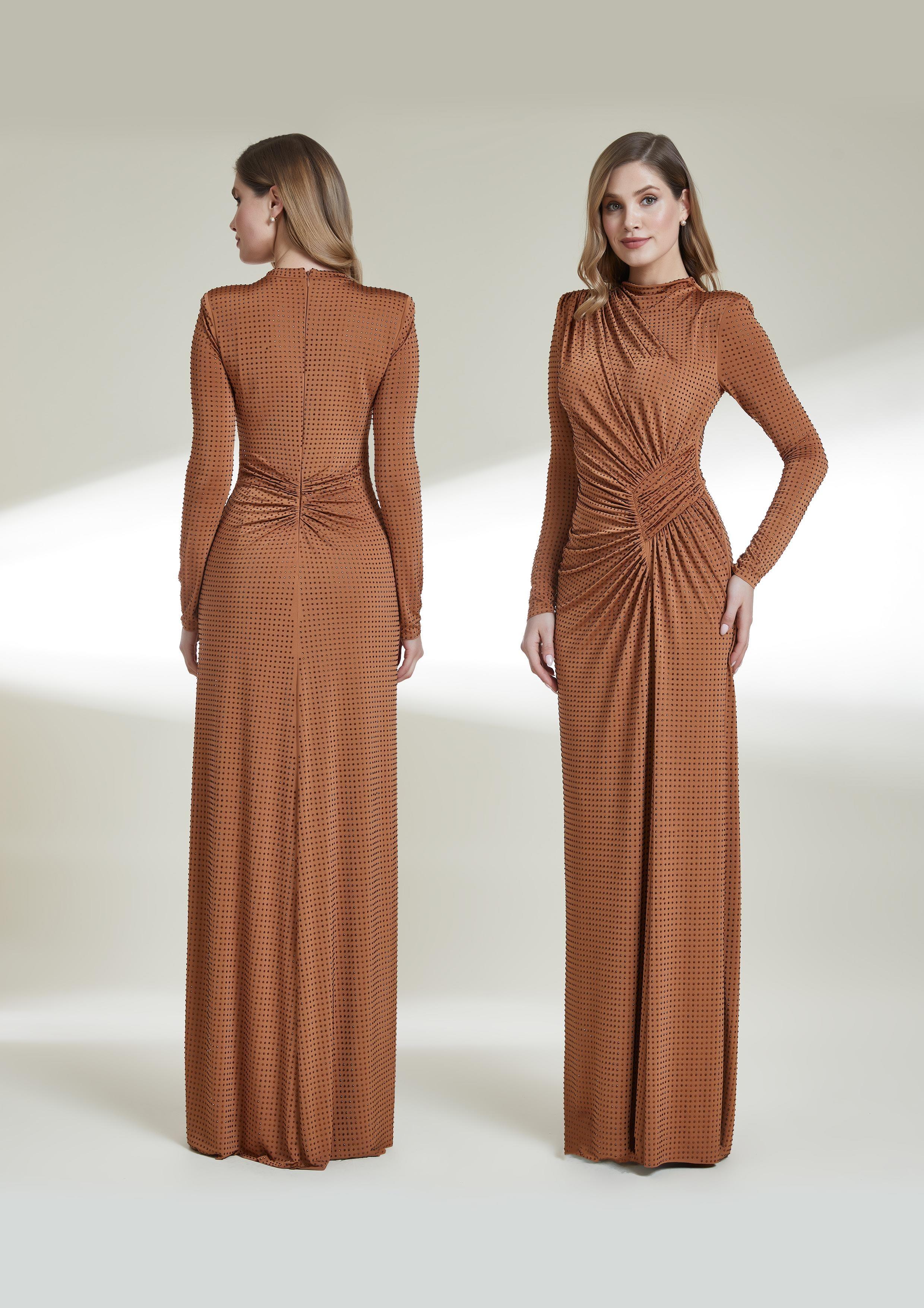 Stras Taşlı Uzun Kollu Büzgülü Uzun Abiye Elbise - Eser Giyim