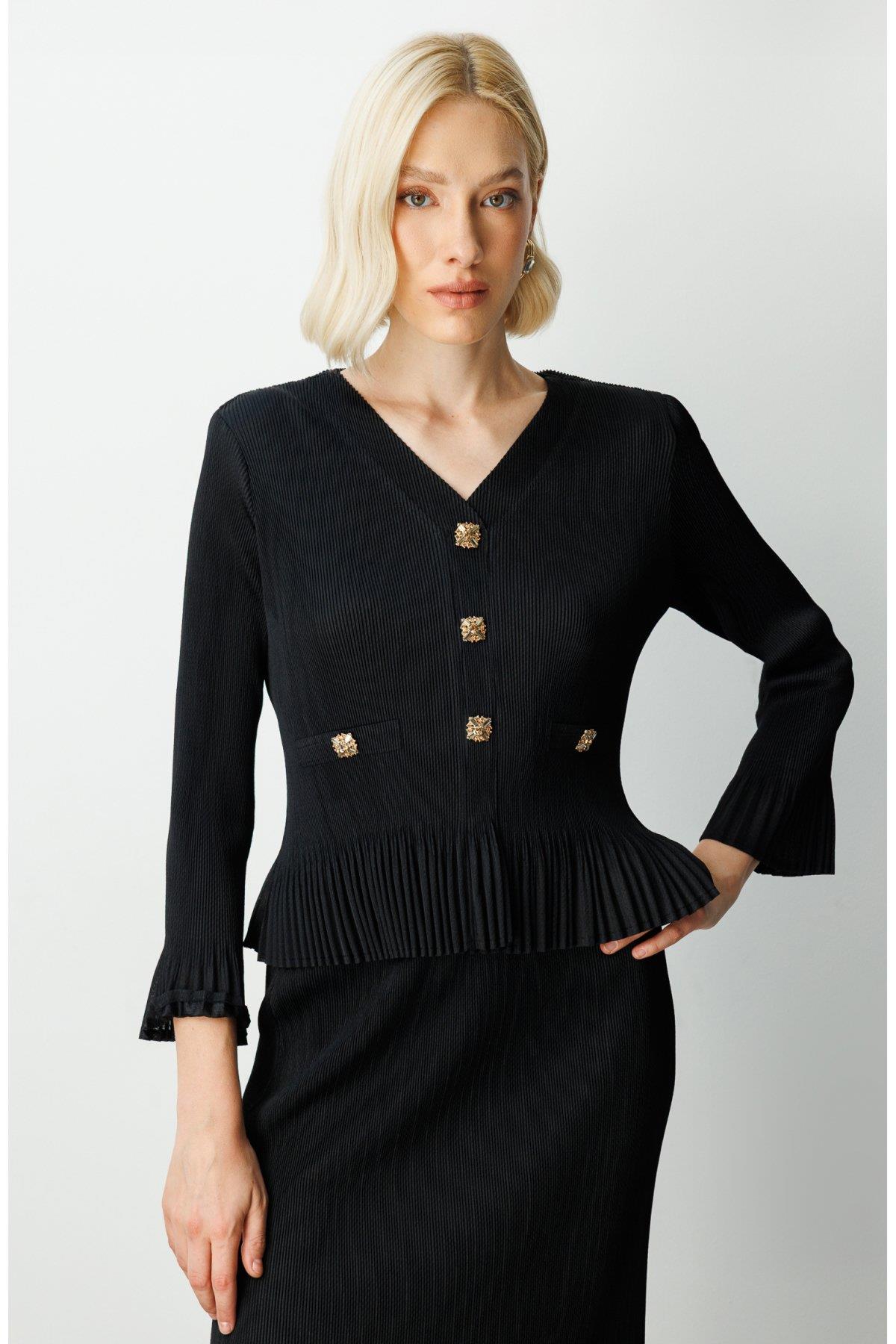 Pleated Detailed Blouse with Decorative Buttons