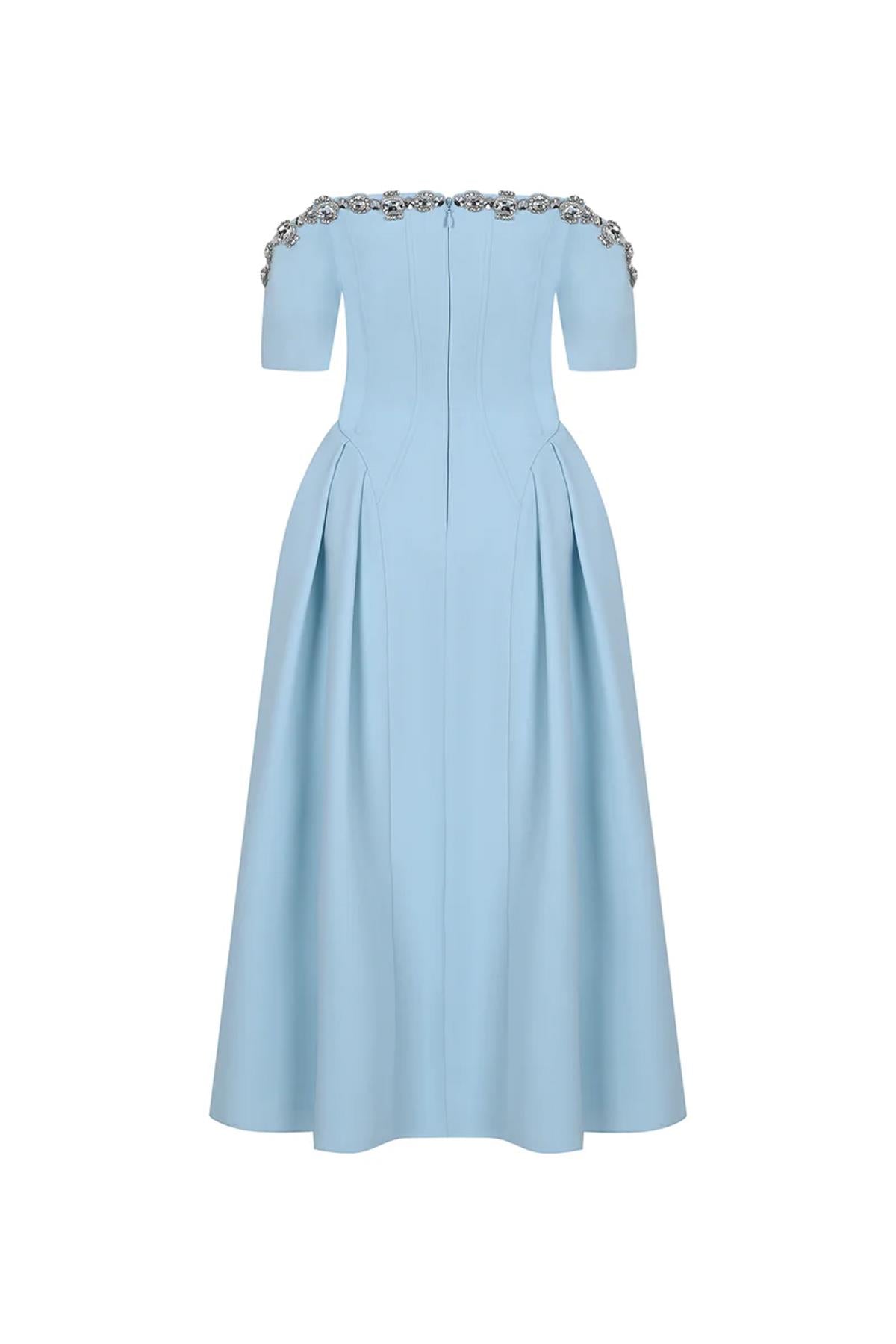 Taş işlemeli Düşük Omuz Pileli Midi Abiye Elbise