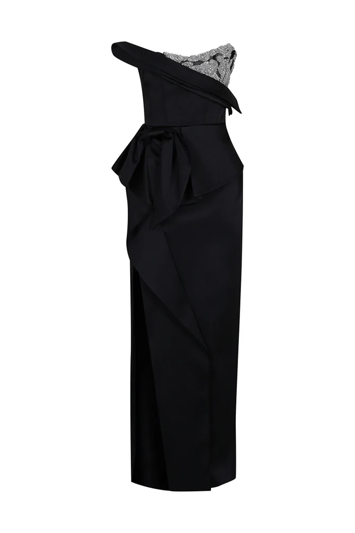 Taş İşlemeli Fiyonk Detaylı Straplez Uzun Abiye Elbise