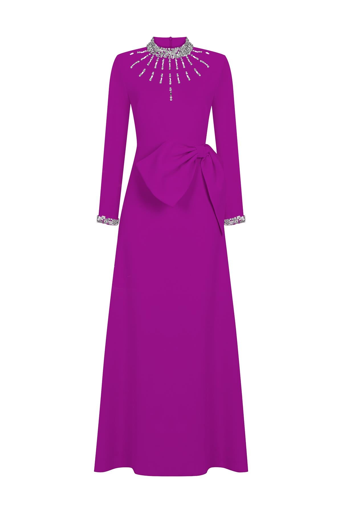 Stone Embroidered Bow Long Evening Dress