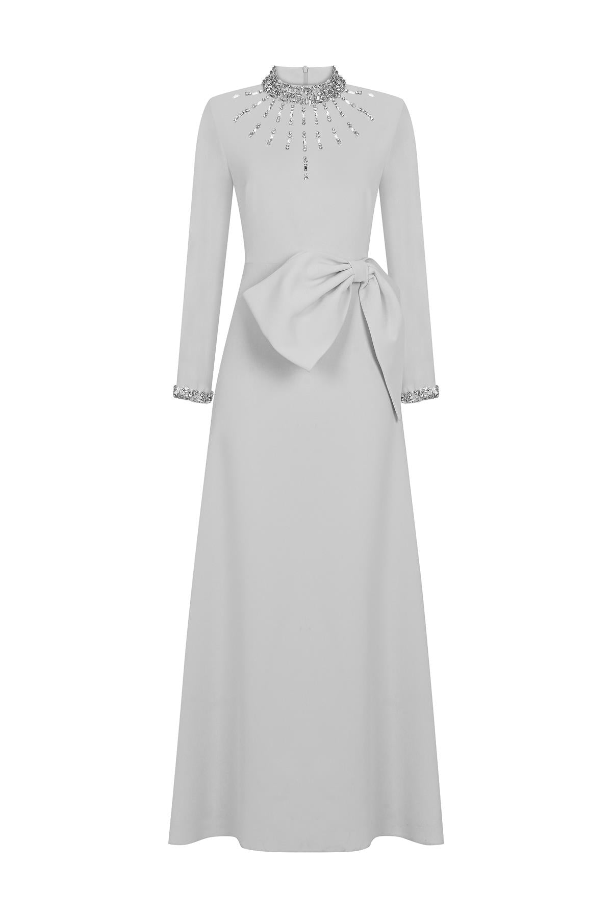 Stone Embroidered Bow Long Evening Dress