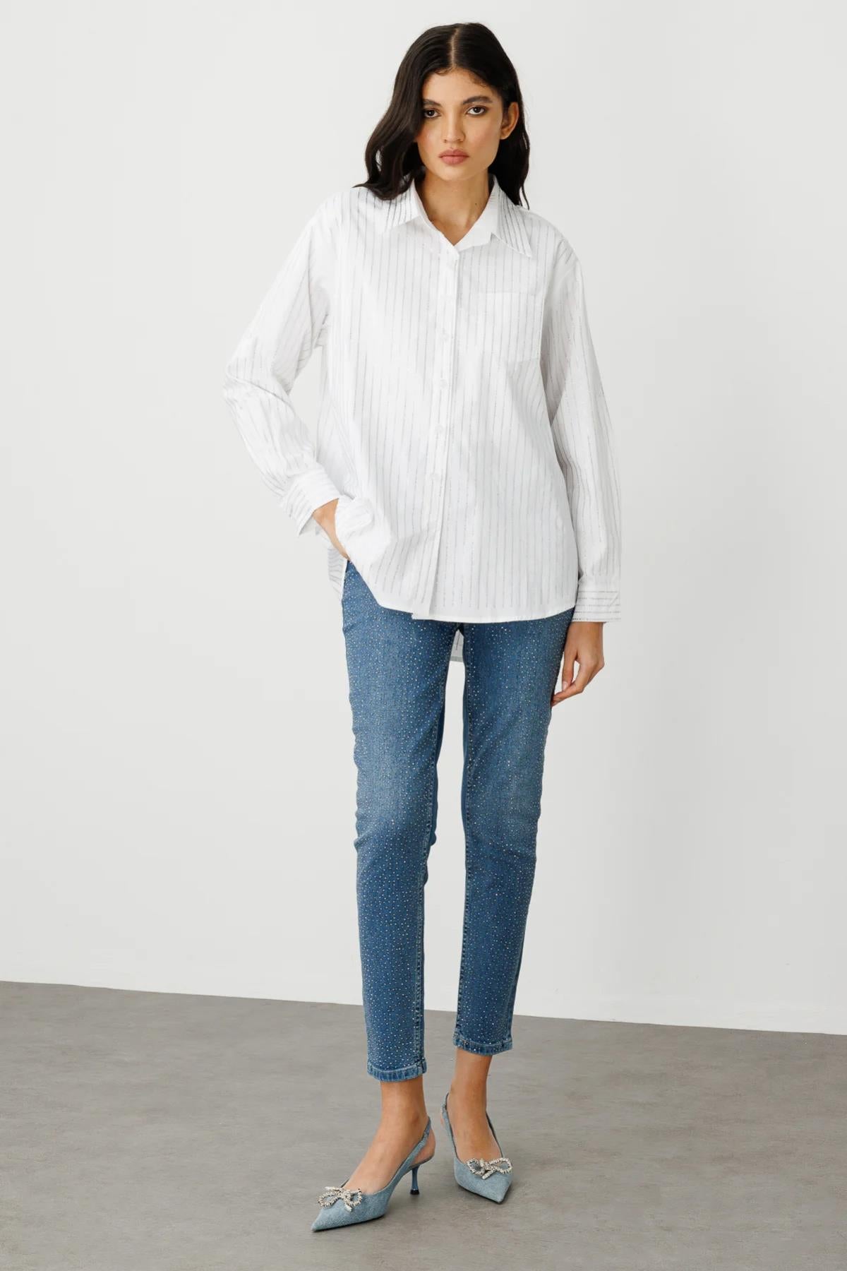 Stoned Vertical Stripe Detailed Button-down Shirt