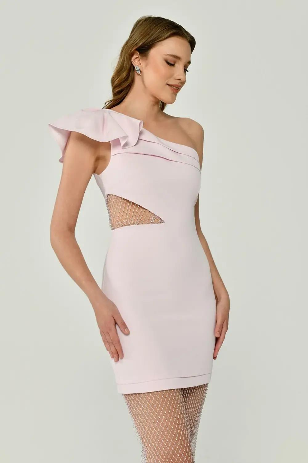 Alfabeta Tek Omuz Pencere ve File Detaylı Mini Abiye Elbise - Eser Giyim