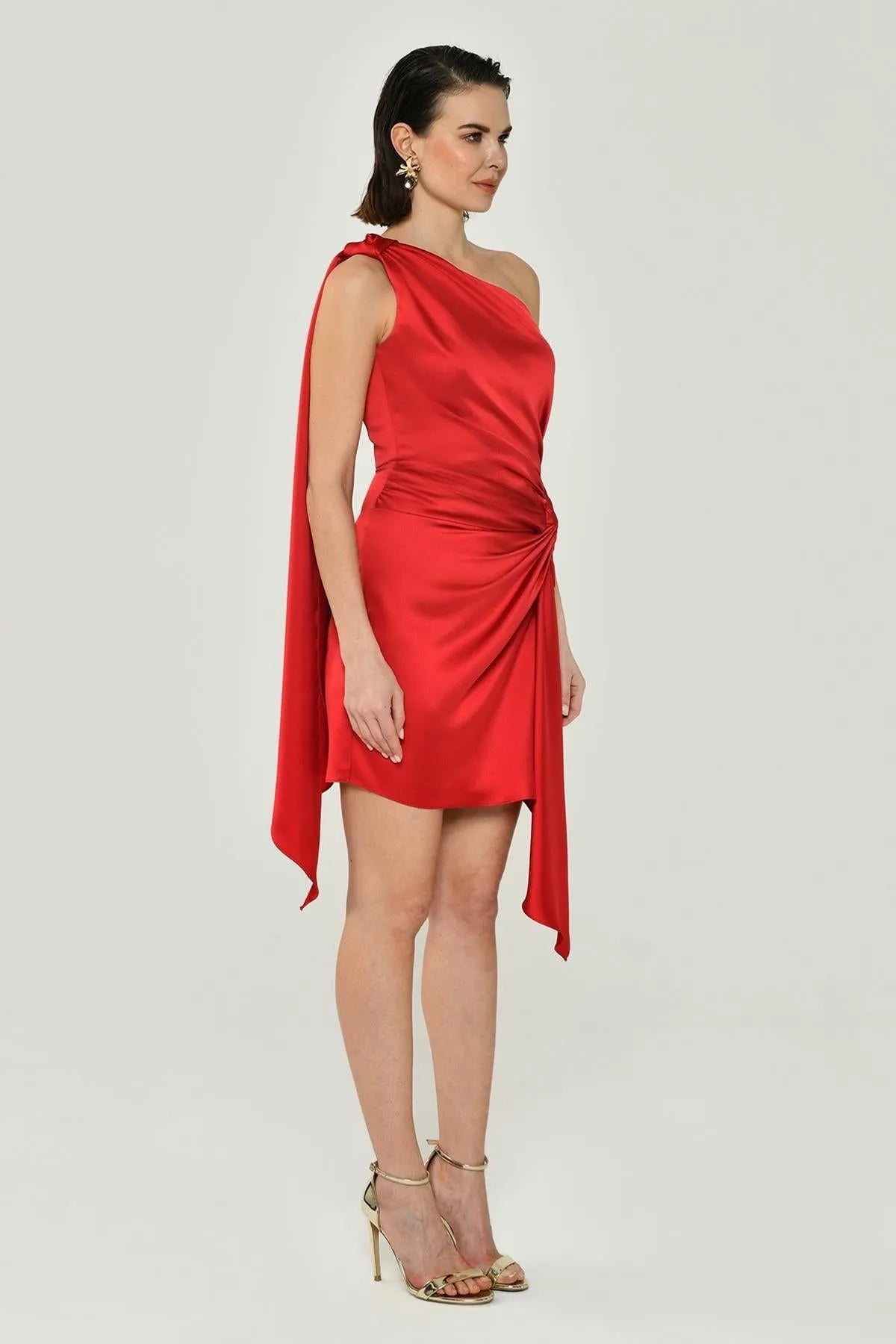 One Shoulder Satin Mini Evening Dress