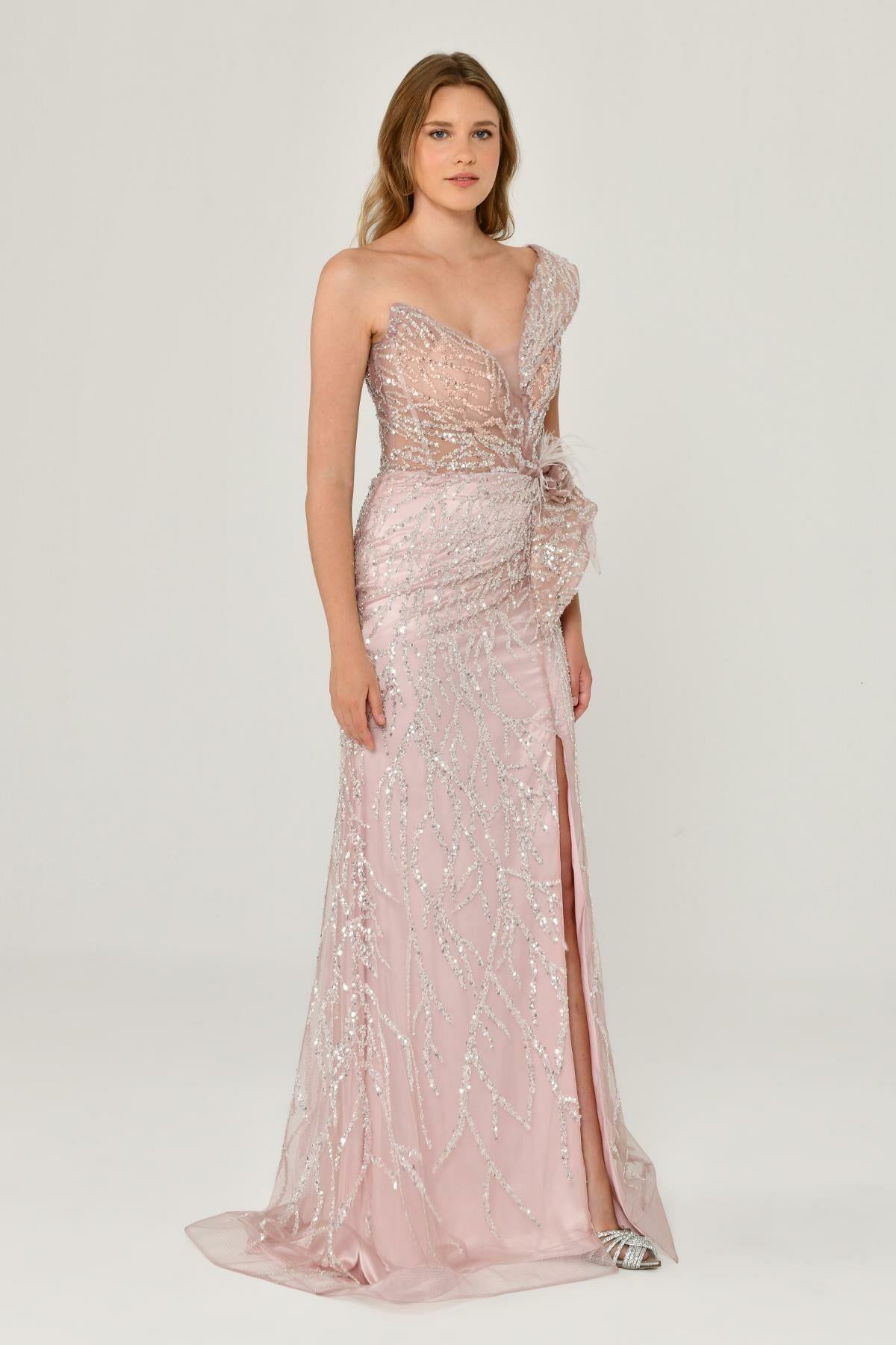 Tek Omuzlu Yırtmaçlı Komple Payet İşli Elbise - Eser Giyim