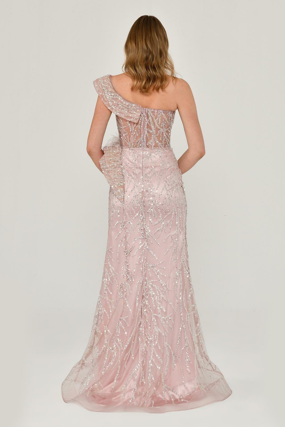 Tek Omuzlu Yırtmaçlı Komple Payet İşli Elbise - Eser Giyim