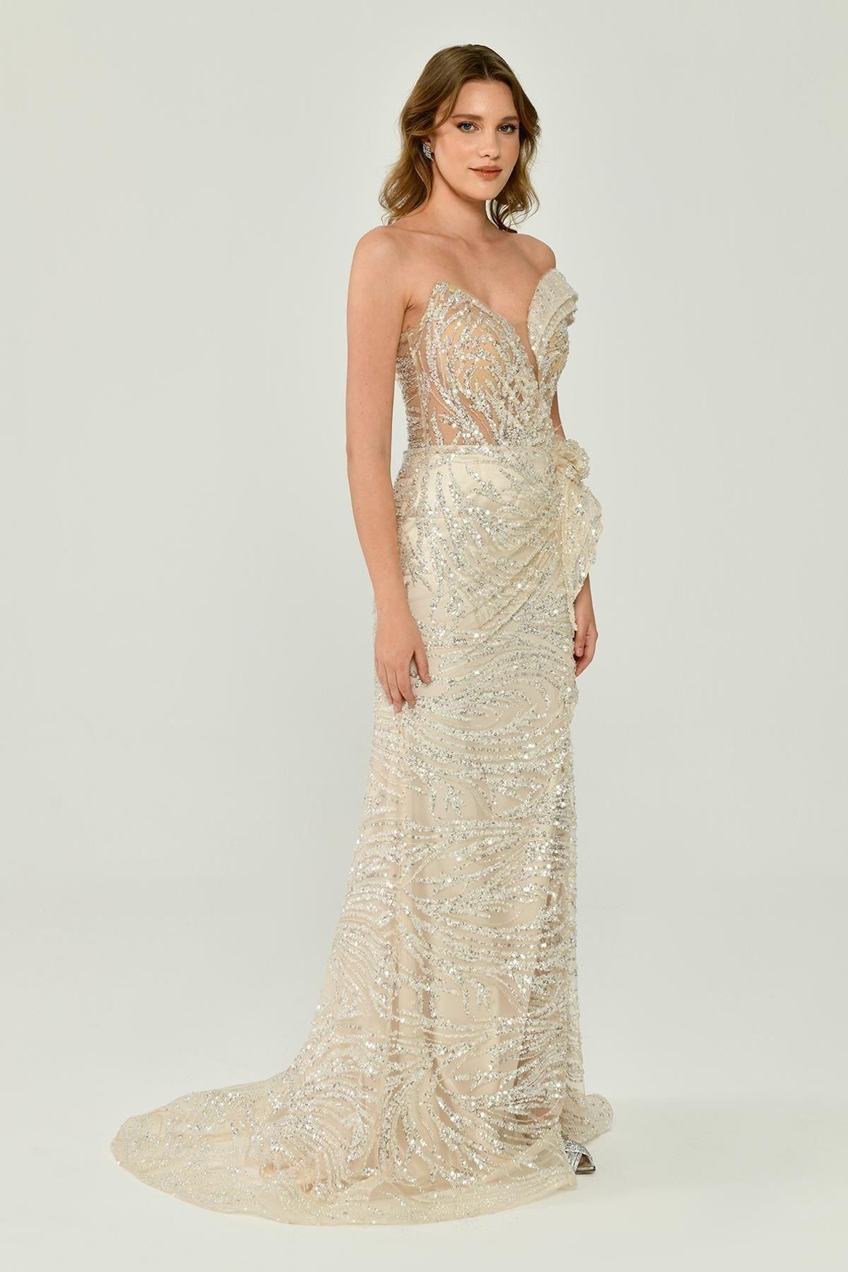 Tek Omuzlu Yırtmaçlı Komple Payet İşli Elbise - Eser Giyim