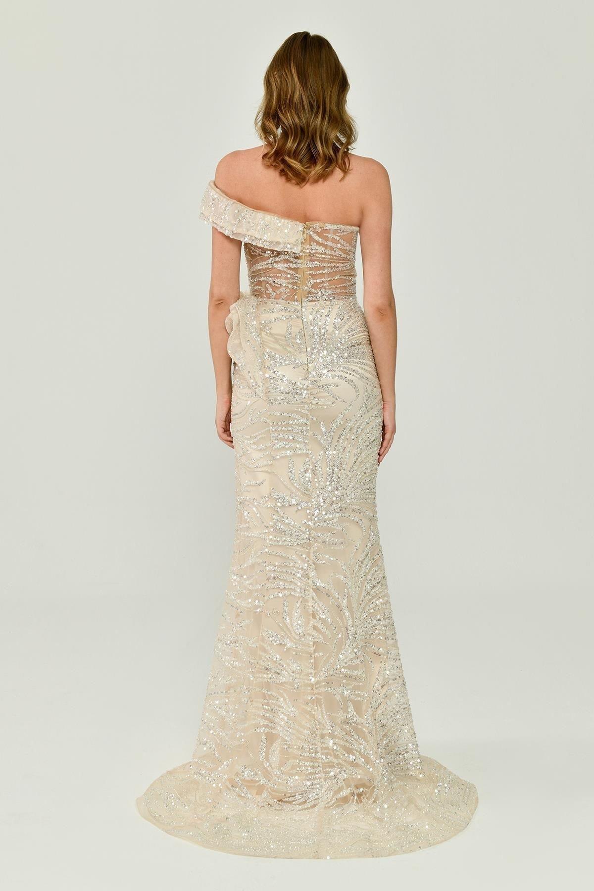 Tek Omuzlu Yırtmaçlı Komple Payet İşli Elbise - Eser Giyim