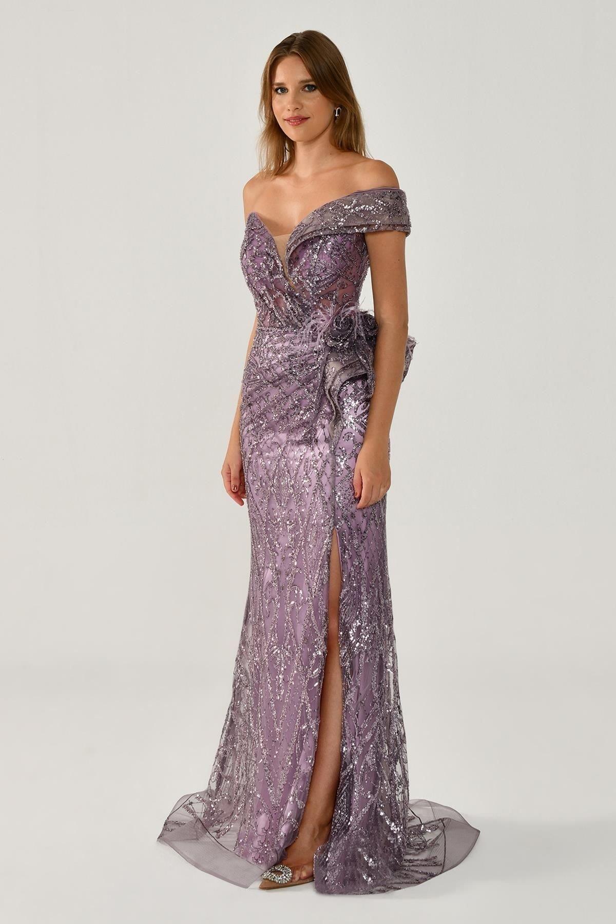 Tek Omuzlu Yırtmaçlı Komple Payet İşli Elbise - Eser Giyim