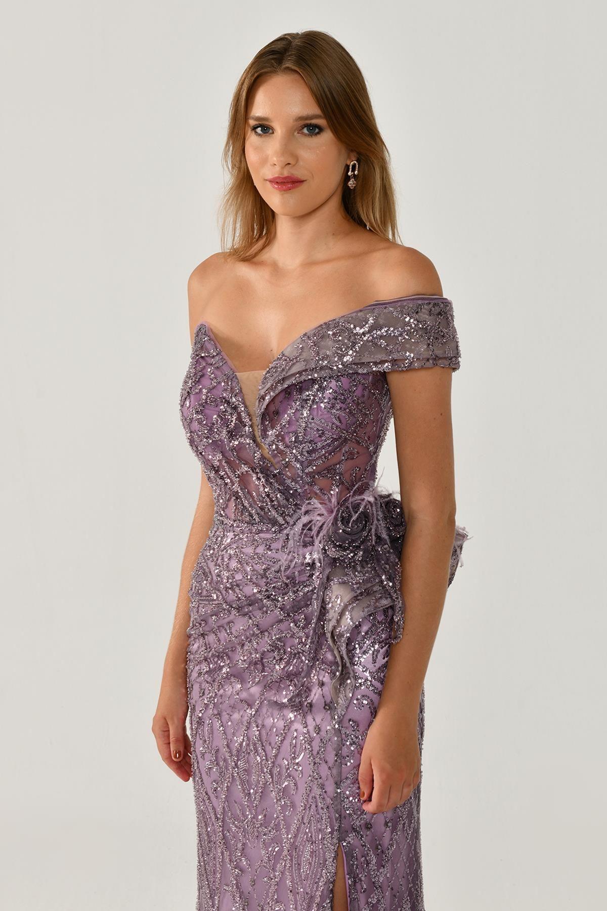 Tek Omuzlu Yırtmaçlı Komple Payet İşli Elbise - Eser Giyim