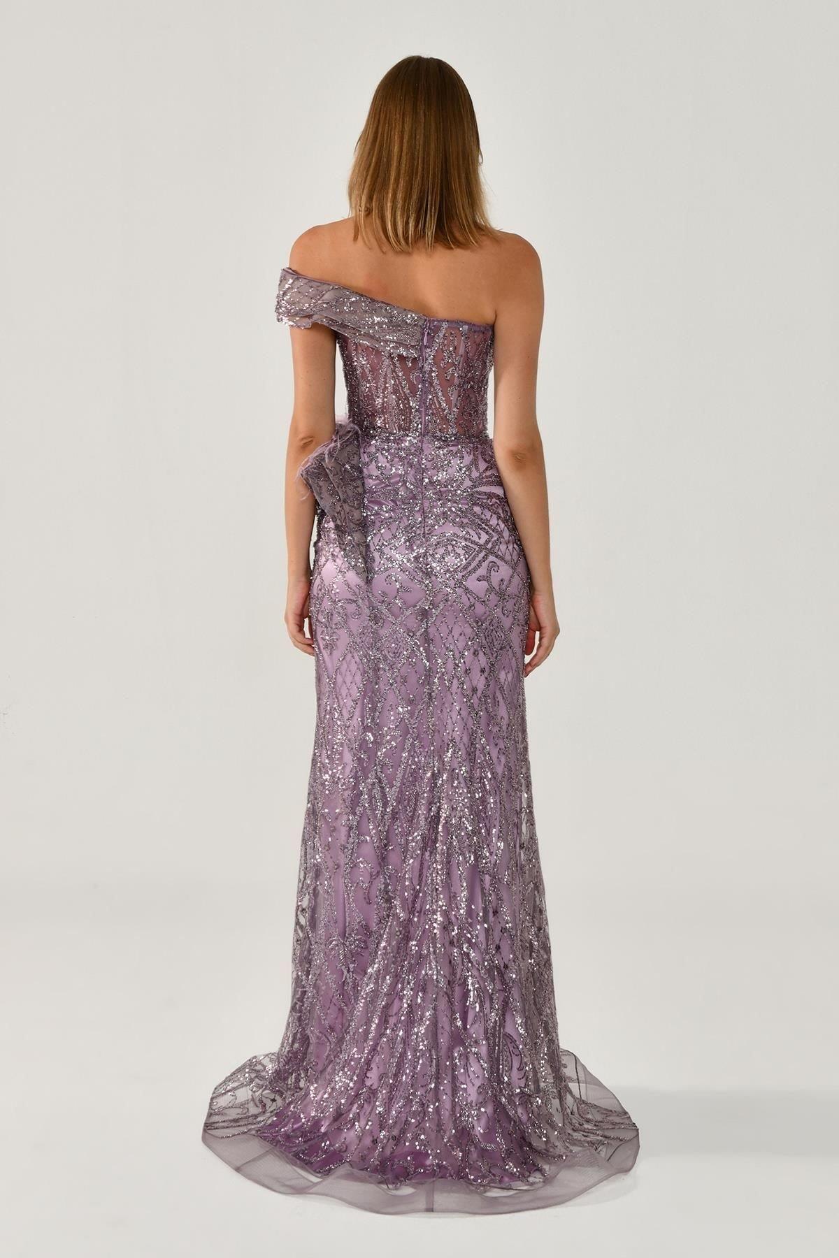 Tek Omuzlu Yırtmaçlı Komple Payet İşli Elbise - Eser Giyim