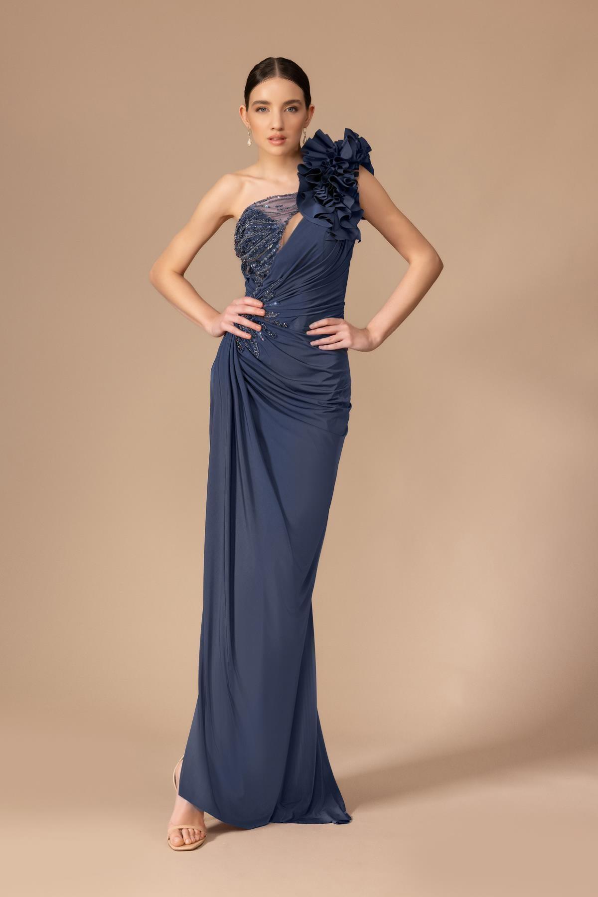 Tek Omzu Taş Detaylı Fırfırlı Elbise - Eser Giyim