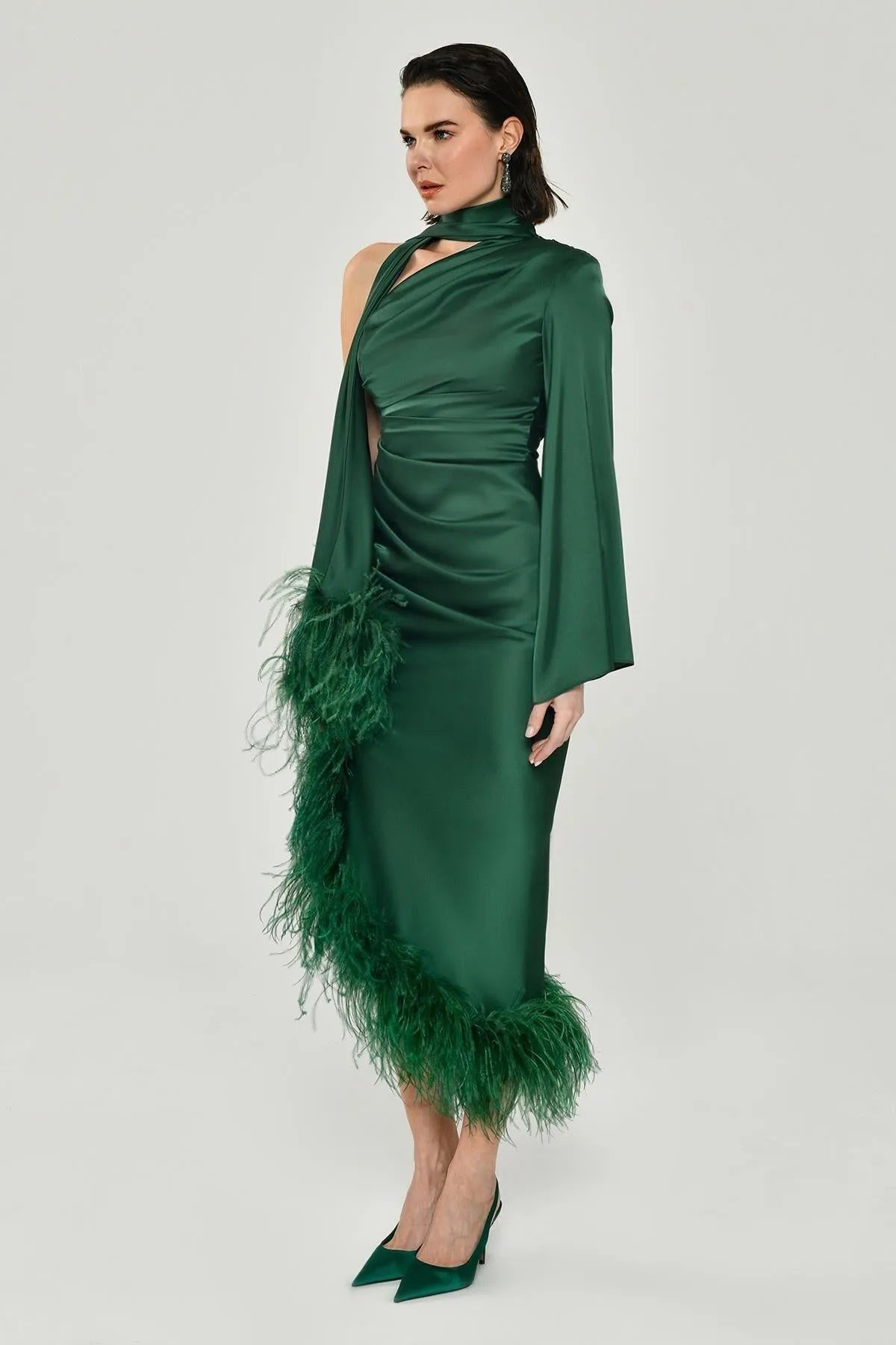 One Shoulder Long Sleeve Pleated Satin Midi Evening Dress