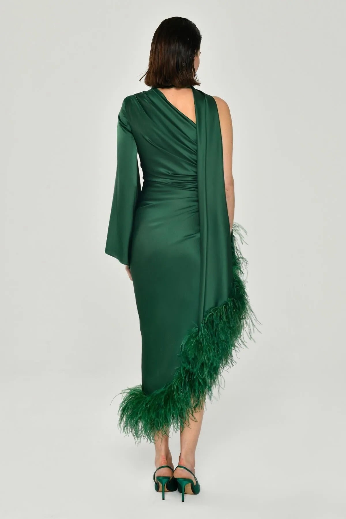 One Shoulder Long Sleeve Pleated Satin Midi Evening Dress