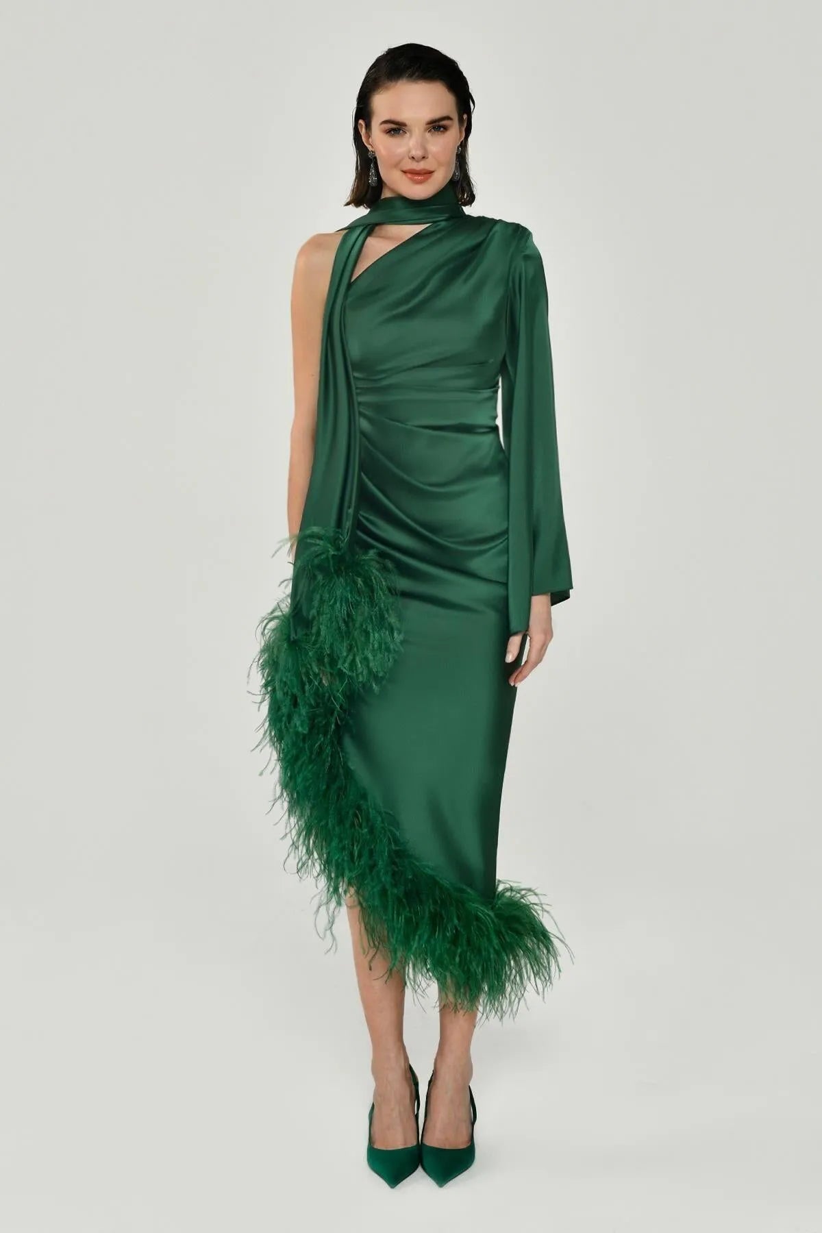 One Shoulder Long Sleeve Pleated Satin Midi Evening Dress