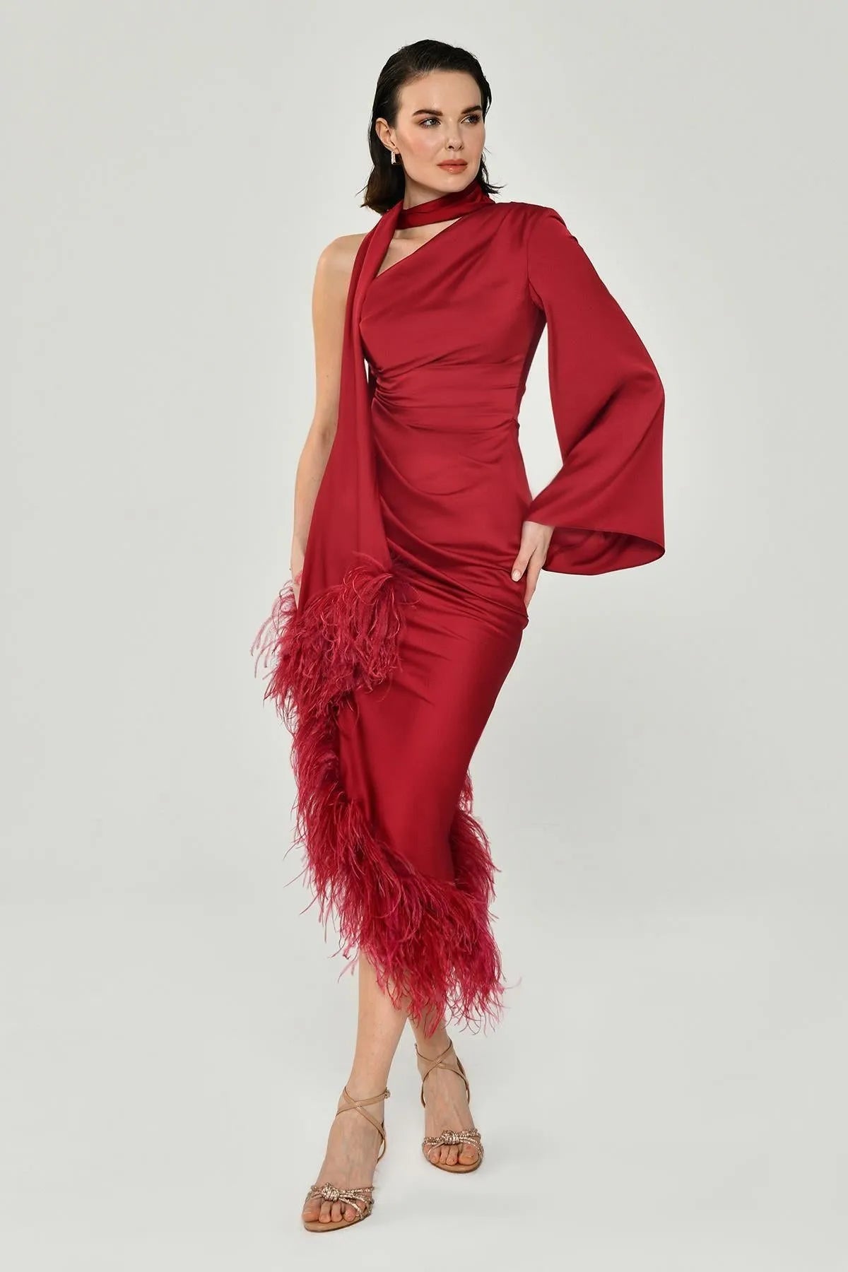 One Shoulder Long Sleeve Pleated Satin Midi Evening Dress