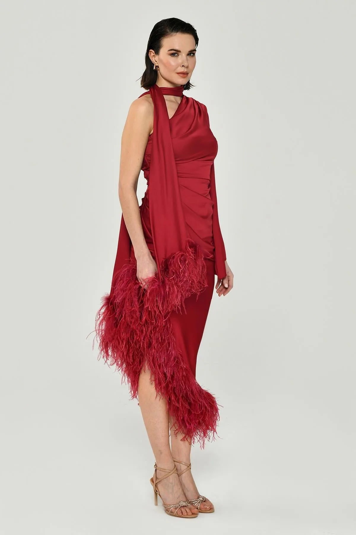 One Shoulder Long Sleeve Pleated Satin Midi Evening Dress