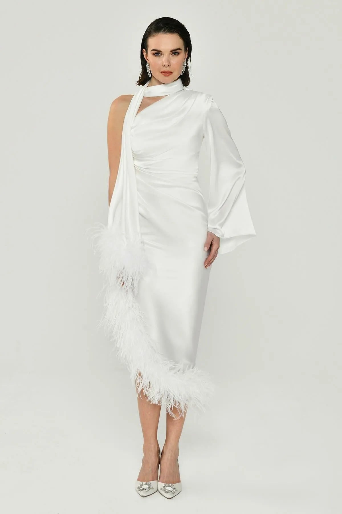 One Shoulder Long Sleeve Pleated Satin Midi Evening Dress