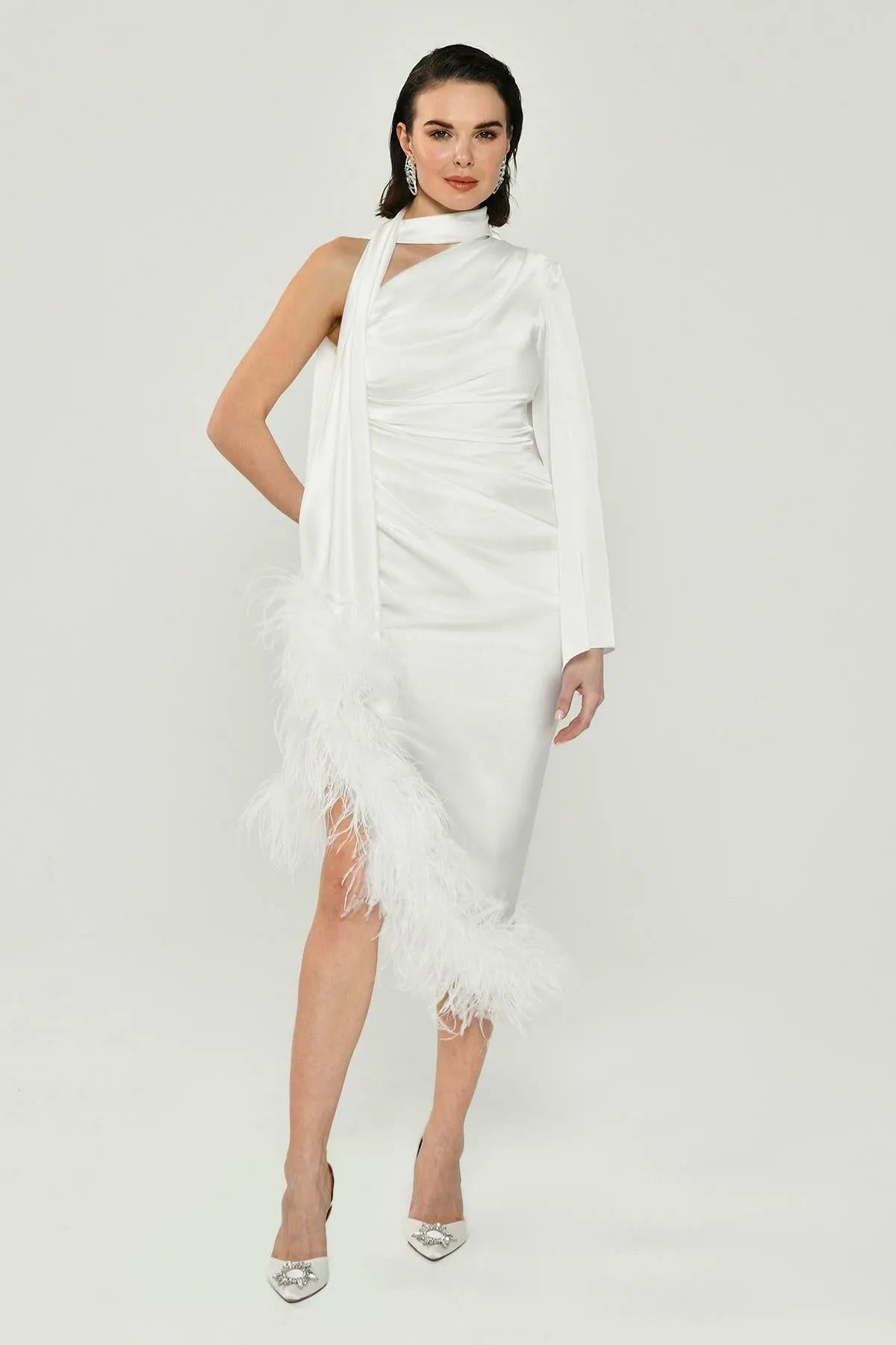 One Shoulder Long Sleeve Pleated Satin Midi Evening Dress