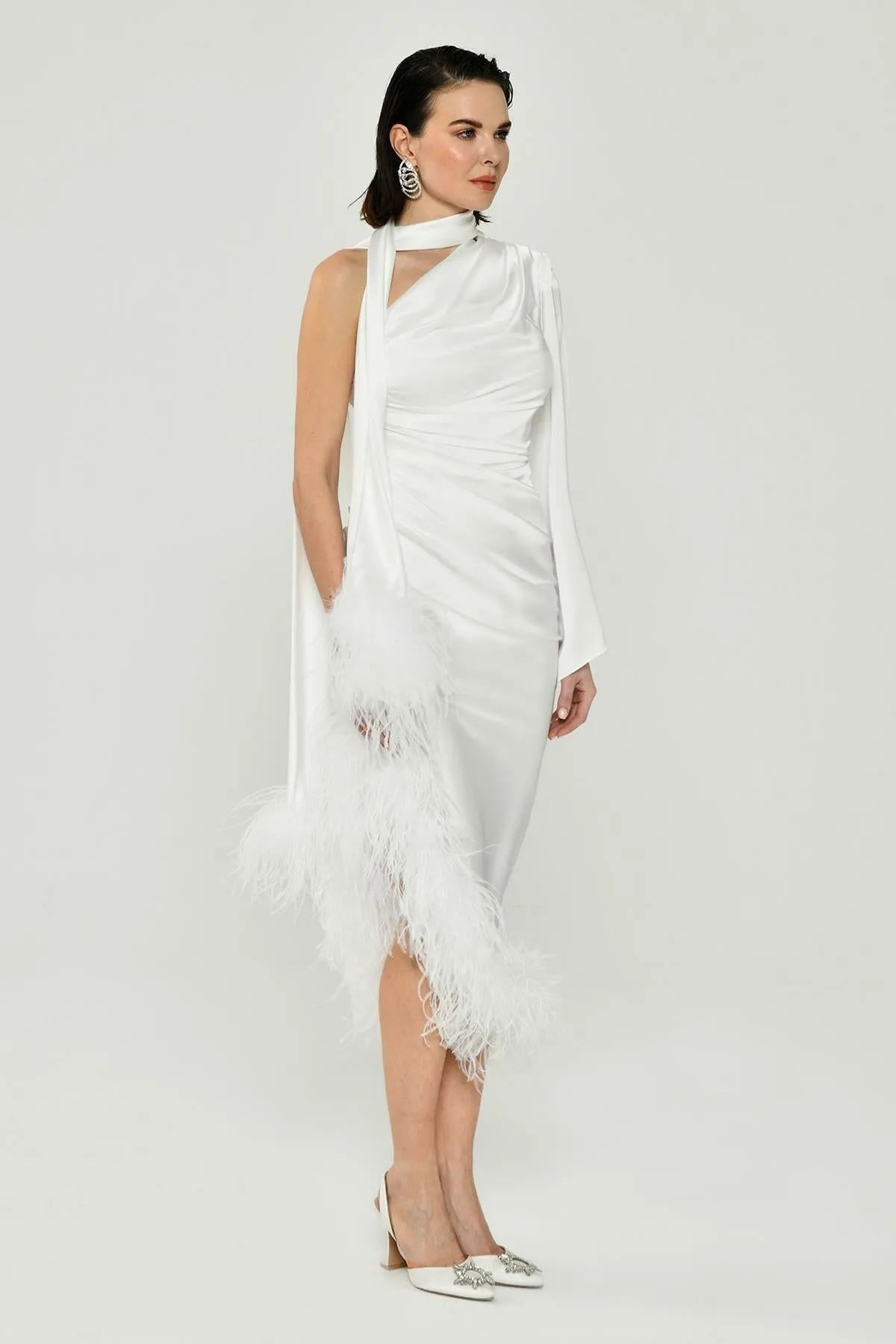 One Shoulder Long Sleeve Pleated Satin Midi Evening Dress