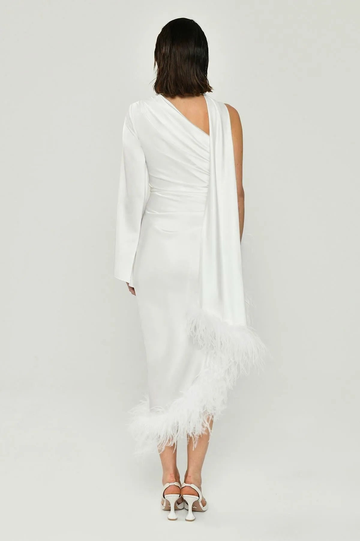 One Shoulder Long Sleeve Pleated Satin Midi Evening Dress