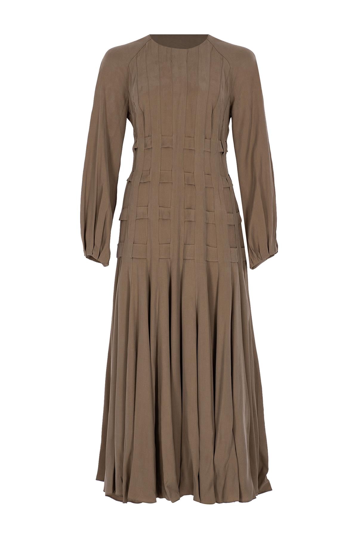 Tencel Pilise Detaylı Uzun Elbise