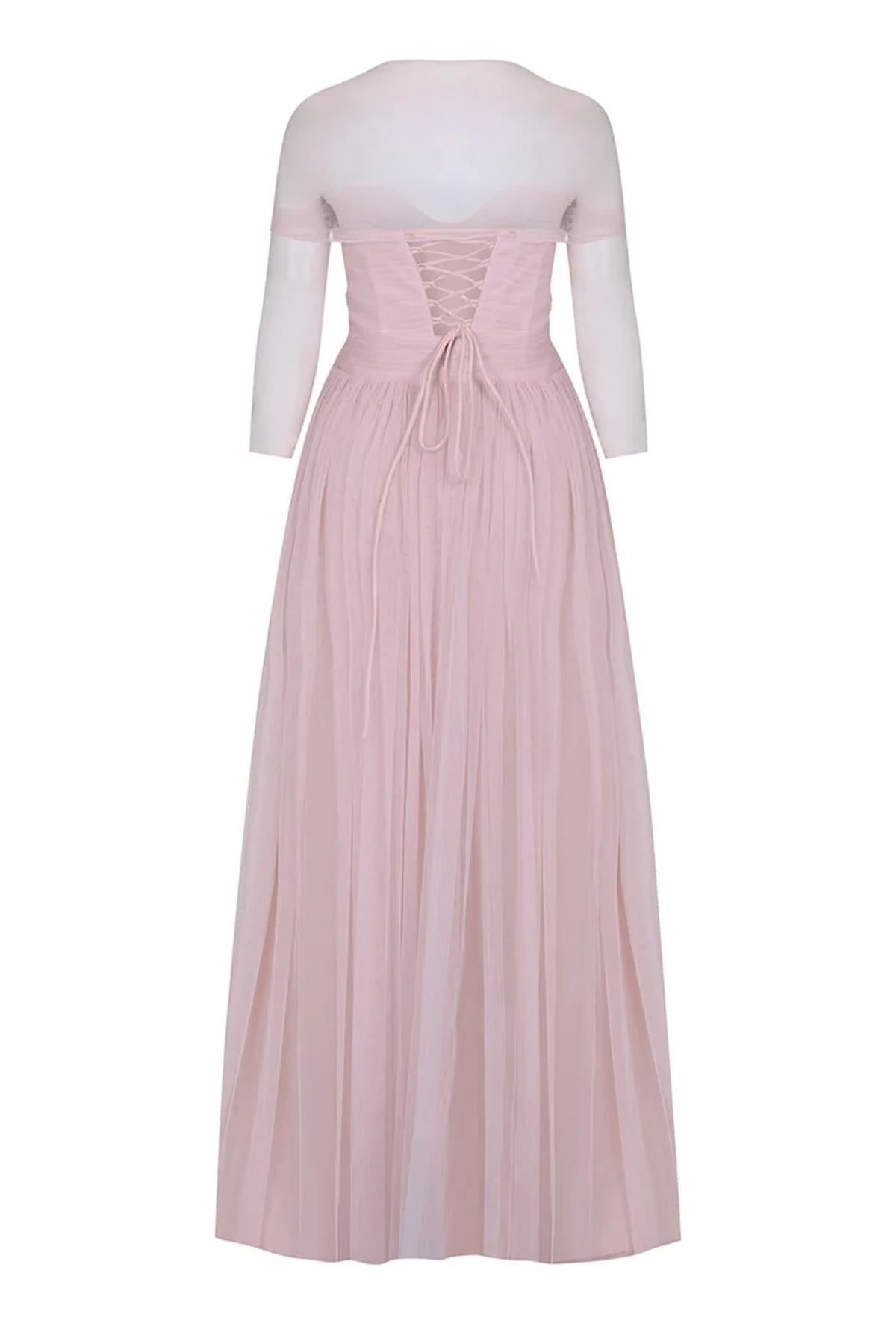 Transparan Tül Kollu Straplez Uzun Abiye