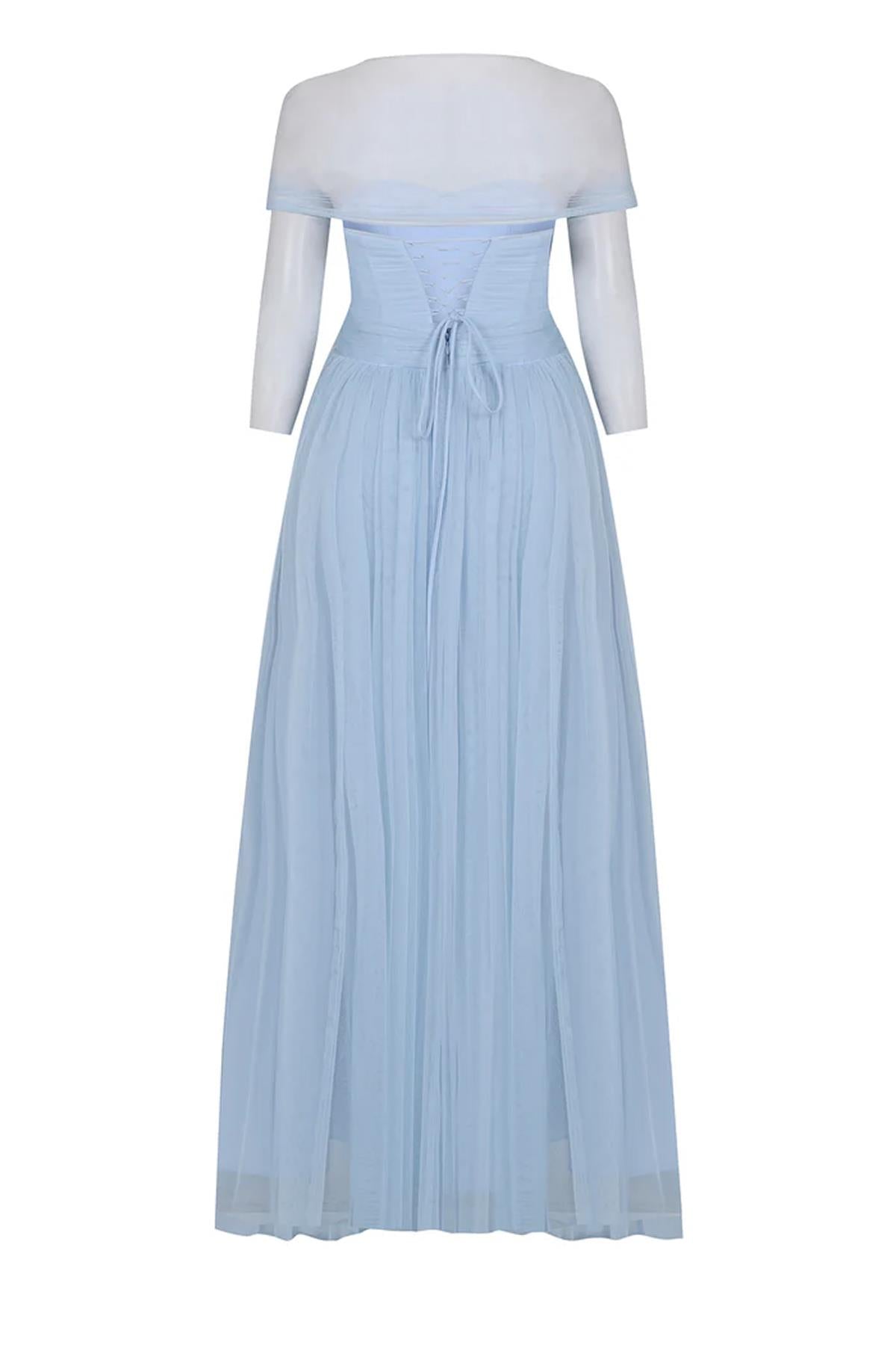 Transparan Tül Kollu Straplez Uzun Abiye