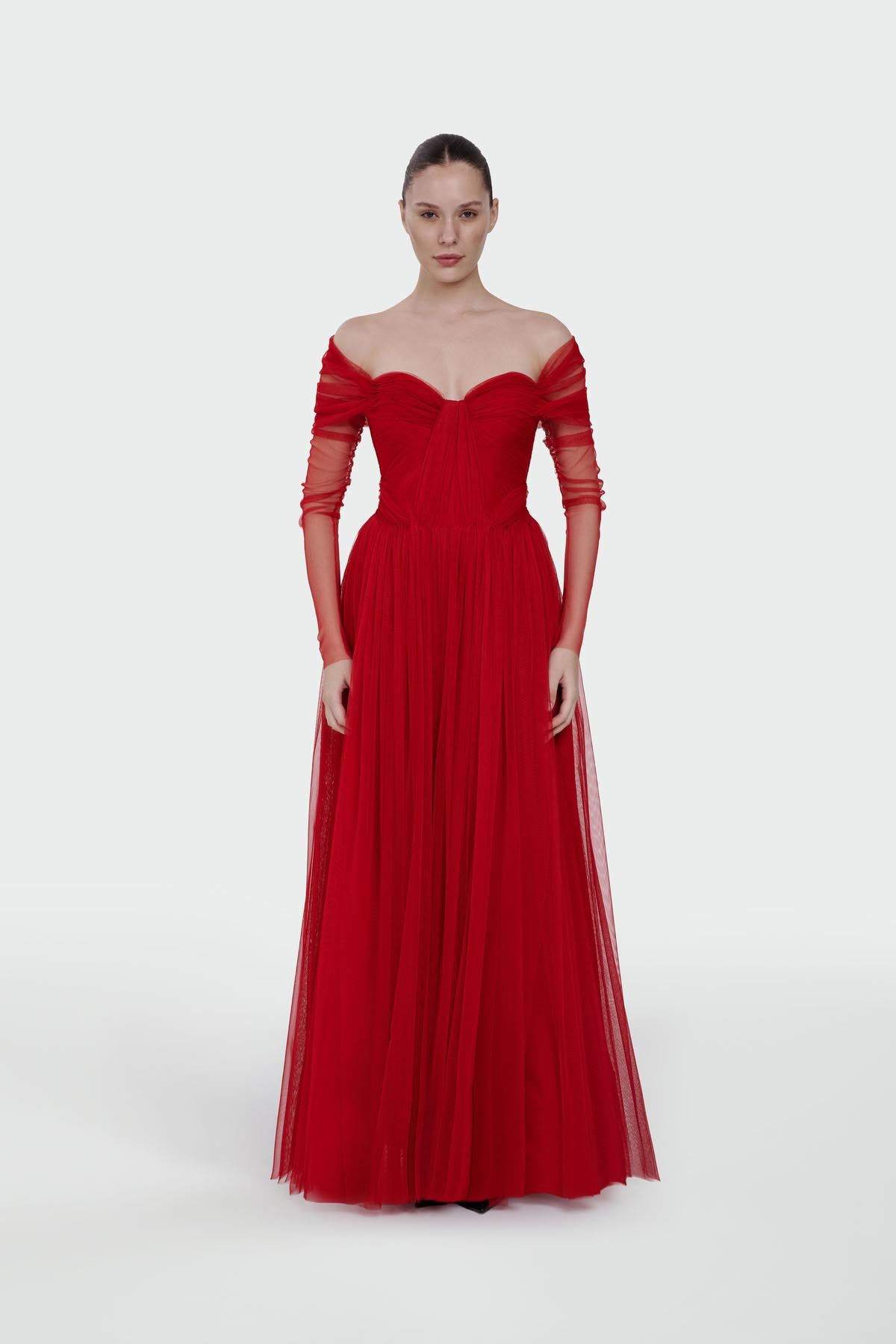 Transparent Tulle Sleeve Strapless Long Evening Dress