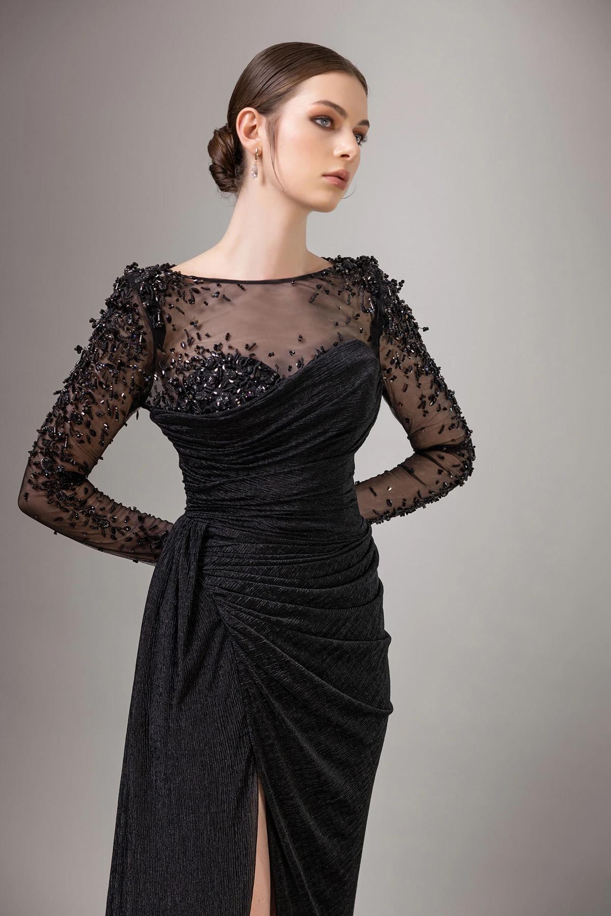 Transparan Uzun Kol Boncuk İşli Büyük Beden Elbise - Eser Giyim