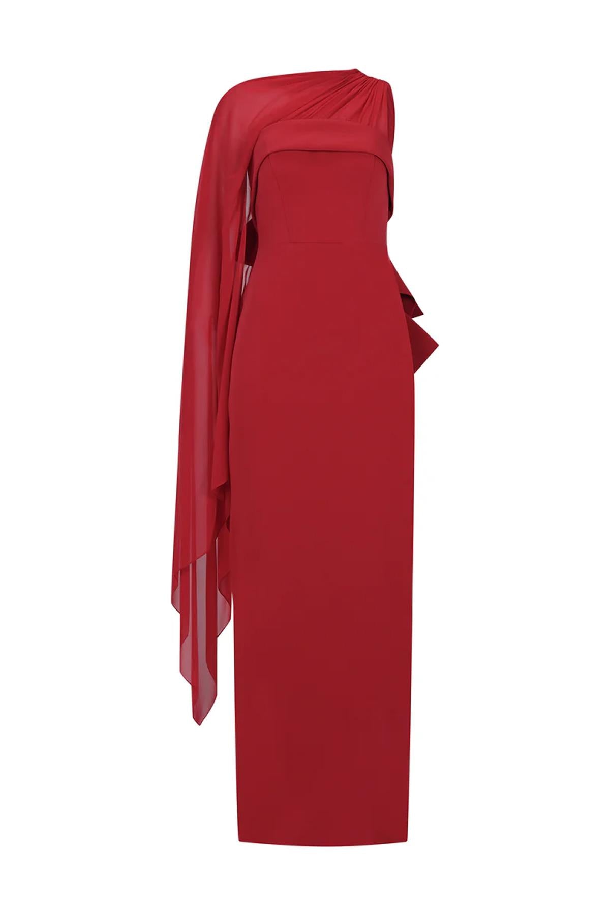 Tül Pelerinli Arka Fiyonk Detaylı Straplez Uzun Abiye Elbise