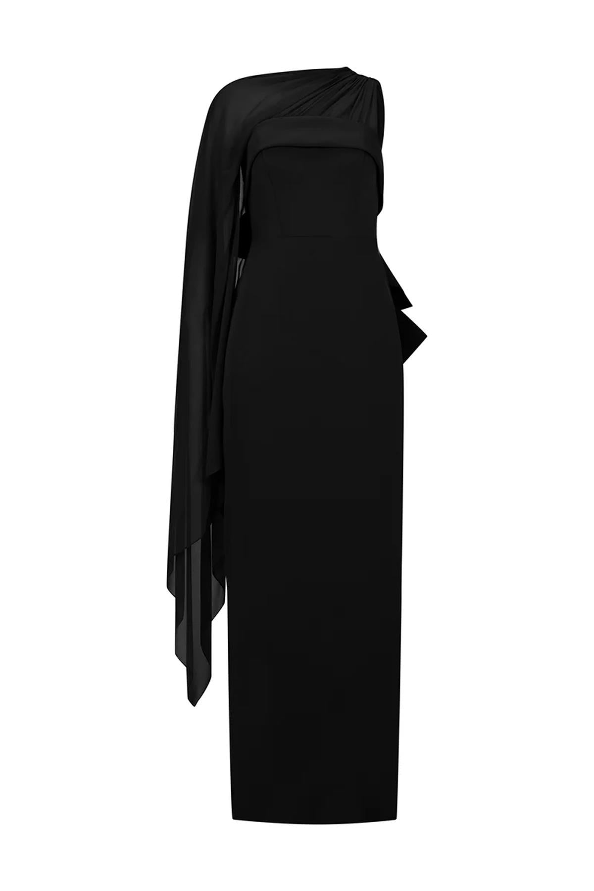 Tül Pelerinli Arka Fiyonk Detaylı Straplez Uzun Abiye Elbise