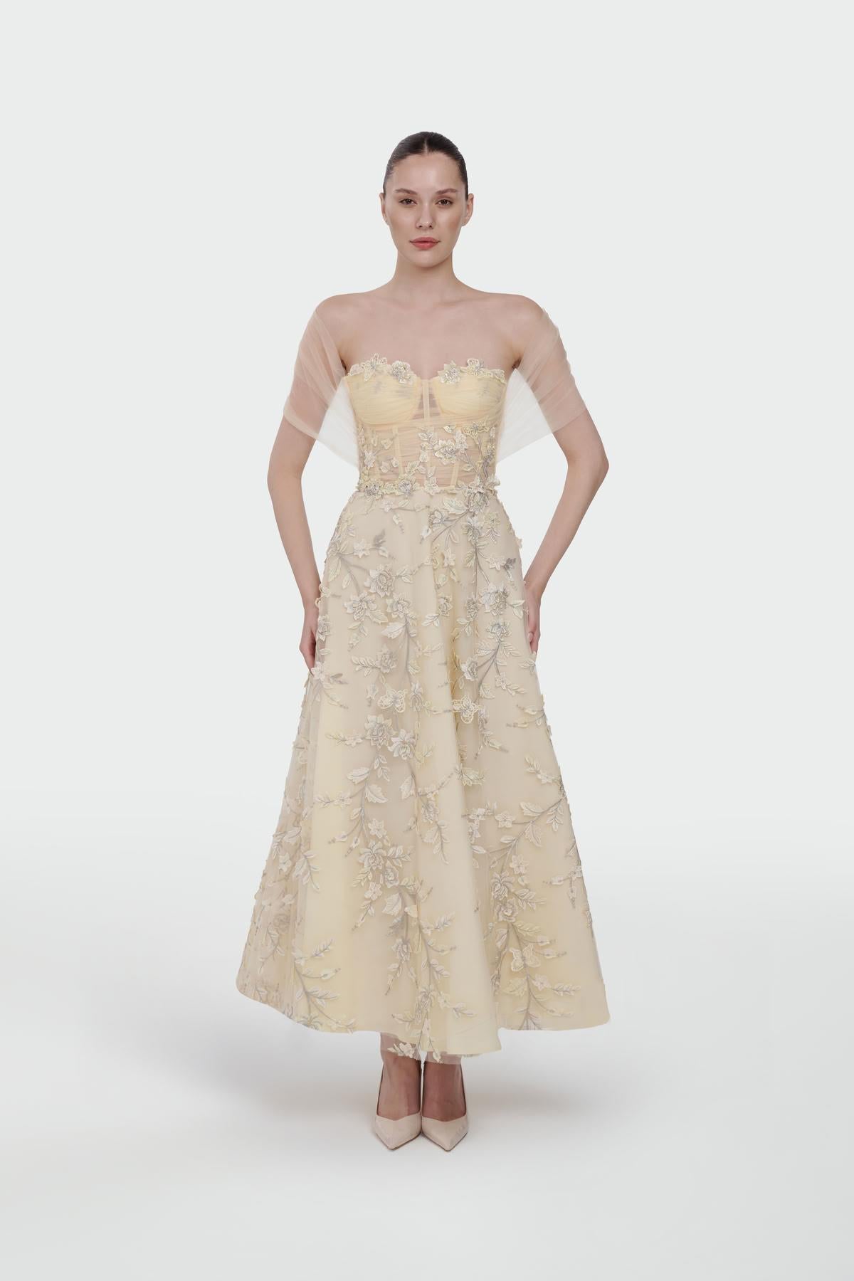 3D Floral Off-Shoulder Evening Dress