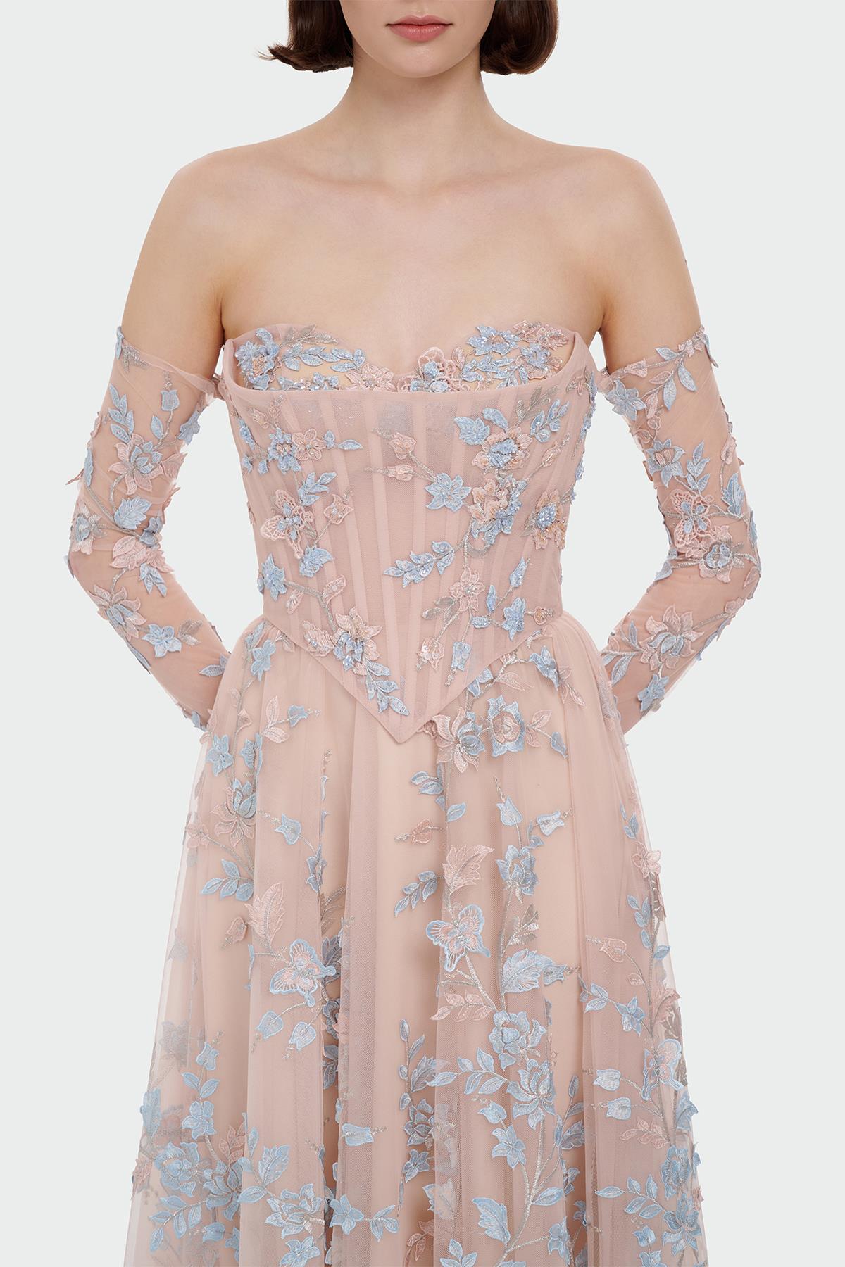 Üç Boyut Çiçekli Eldivenli Abiye Elbise