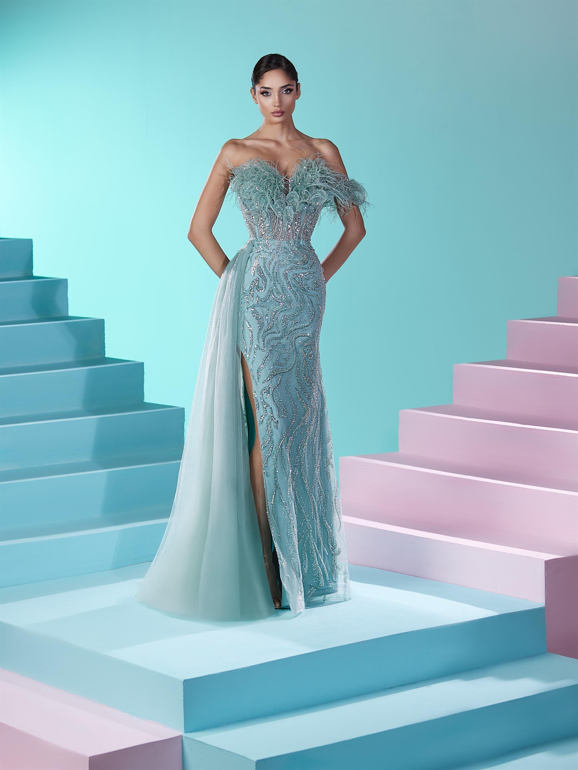 Üstü Otrişli Ve Taş İşlemeli Belden Tül Kuyruklu Elbise - Eser Giyim