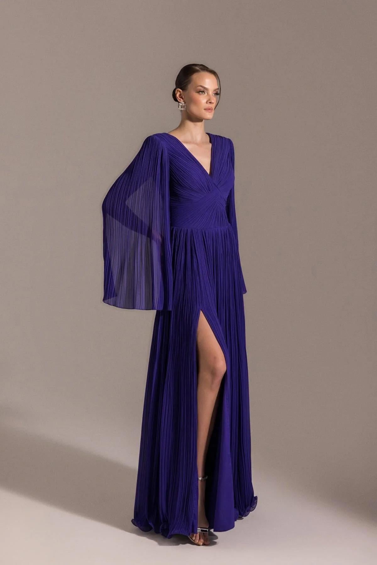 Long Sleeve Flared Pleated Evening Dress