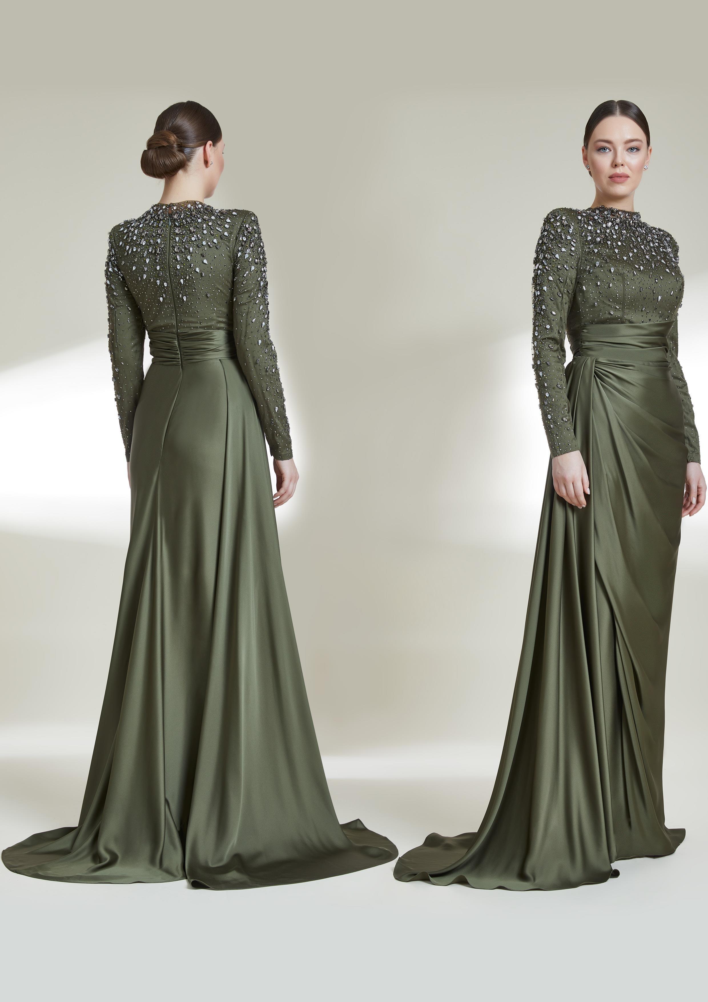 Uzun Kollu Taşlı Beli Drapeli Uzun Abiye Elbise - Eser Giyim